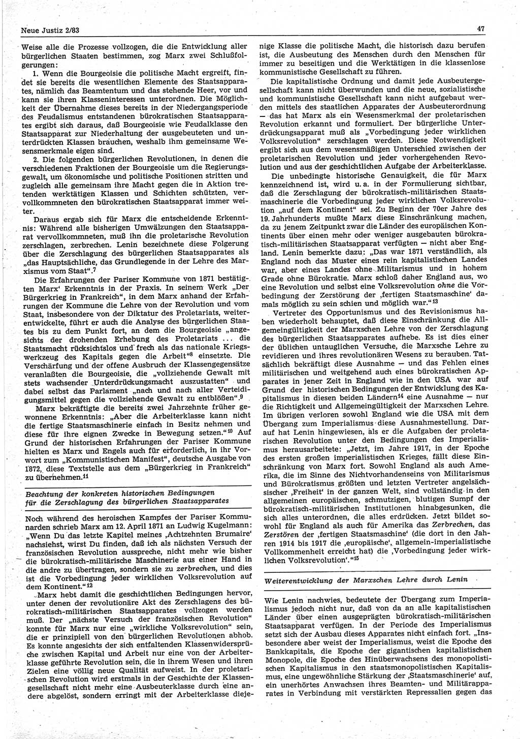 Neue Justiz (NJ), Zeitschrift für sozialistisches Recht und Gesetzlichkeit [Deutsche Demokratische Republik (DDR)], 37. Jahrgang 1983, Seite 47 (NJ DDR 1983, S. 47)