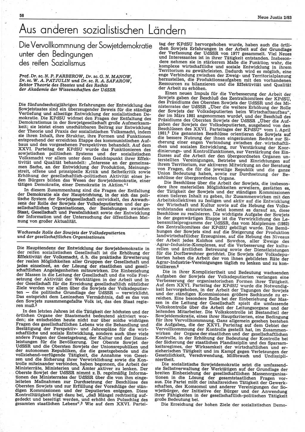 Neue Justiz (NJ), Zeitschrift für sozialistisches Recht und Gesetzlichkeit [Deutsche Demokratische Republik (DDR)], 37. Jahrgang 1983, Seite 58 (NJ DDR 1983, S. 58)