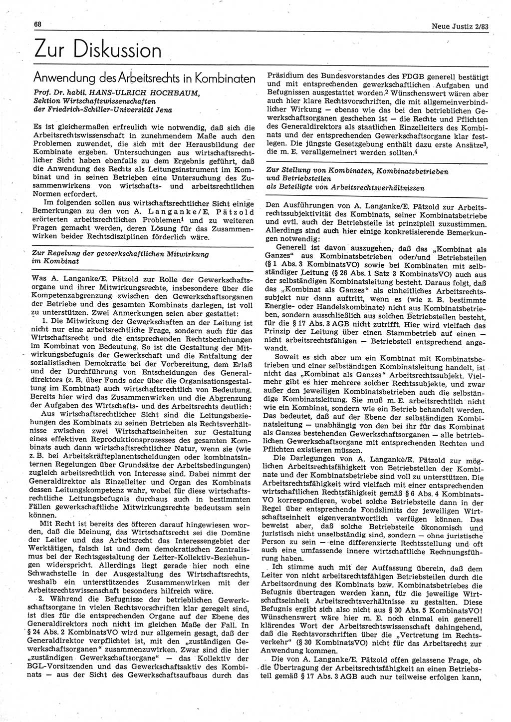 Neue Justiz (NJ), Zeitschrift für sozialistisches Recht und Gesetzlichkeit [Deutsche Demokratische Republik (DDR)], 37. Jahrgang 1983, Seite 68 (NJ DDR 1983, S. 68)