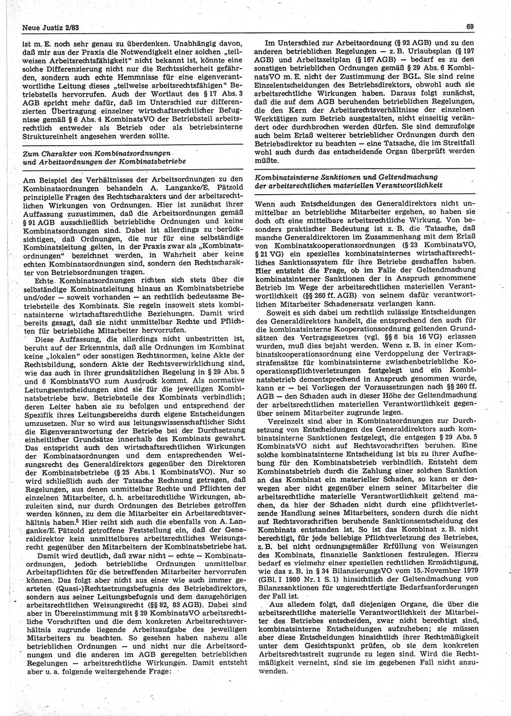 Neue Justiz (NJ), Zeitschrift für sozialistisches Recht und Gesetzlichkeit [Deutsche Demokratische Republik (DDR)], 37. Jahrgang 1983, Seite 69 (NJ DDR 1983, S. 69)