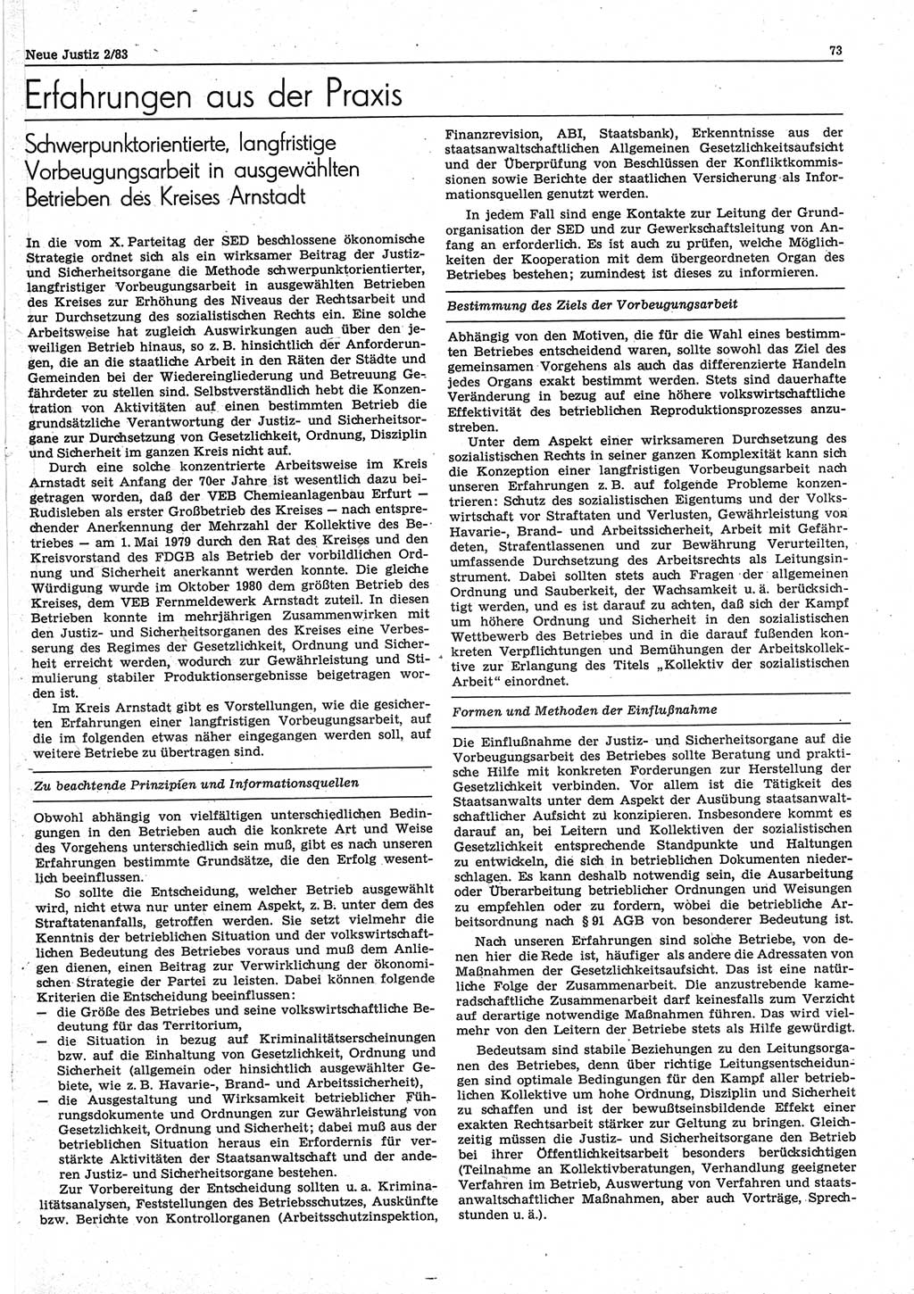 Neue Justiz (NJ), Zeitschrift für sozialistisches Recht und Gesetzlichkeit [Deutsche Demokratische Republik (DDR)], 37. Jahrgang 1983, Seite 73 (NJ DDR 1983, S. 73)
