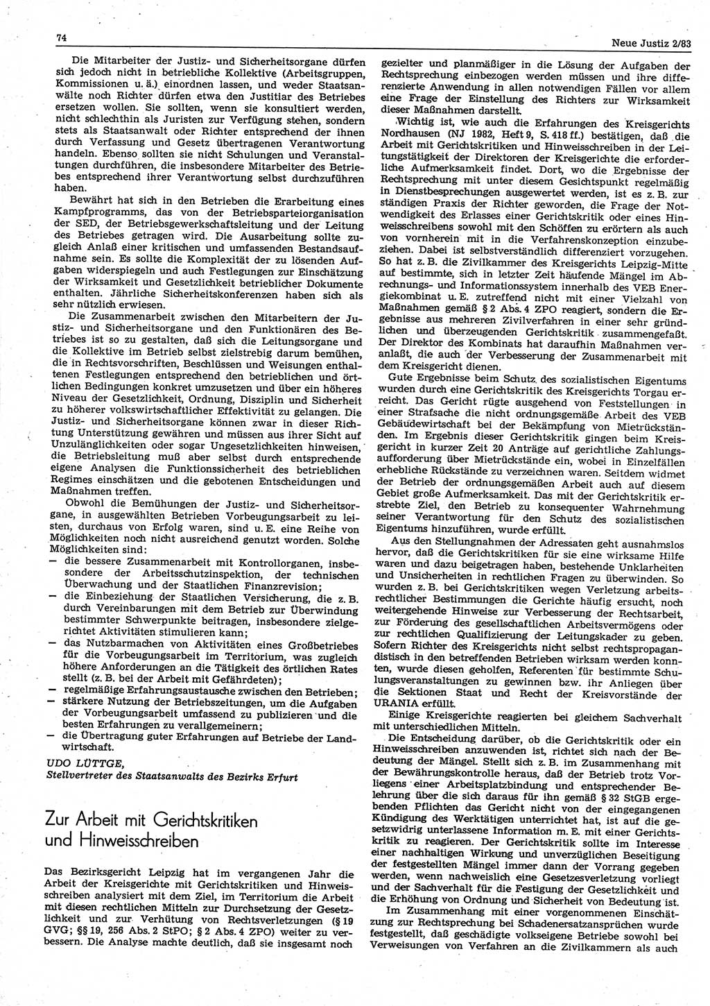 Neue Justiz (NJ), Zeitschrift für sozialistisches Recht und Gesetzlichkeit [Deutsche Demokratische Republik (DDR)], 37. Jahrgang 1983, Seite 74 (NJ DDR 1983, S. 74)