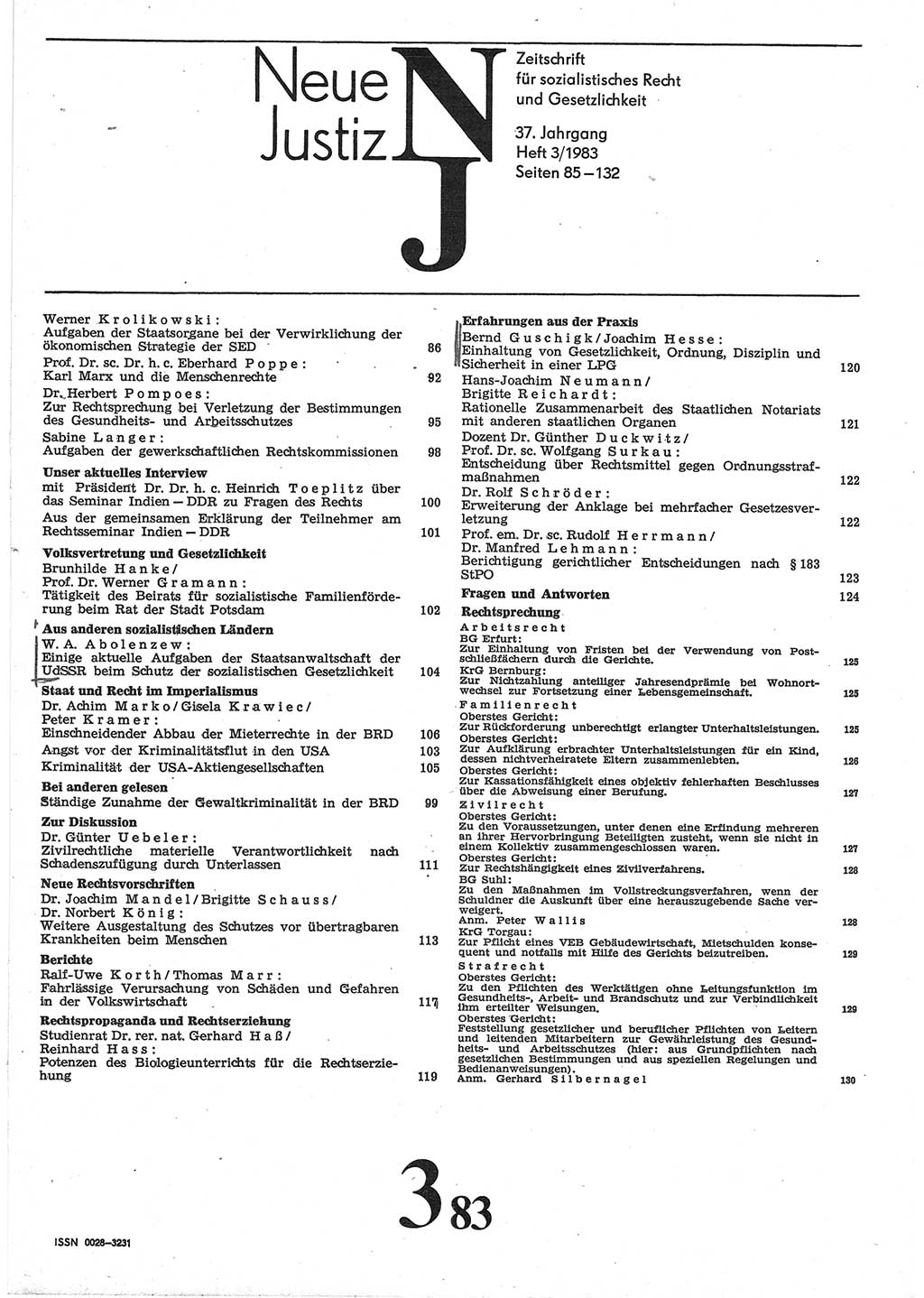 Neue Justiz (NJ), Zeitschrift für sozialistisches Recht und Gesetzlichkeit [Deutsche Demokratische Republik (DDR)], 37. Jahrgang 1983, Seite 85 (NJ DDR 1983, S. 85)