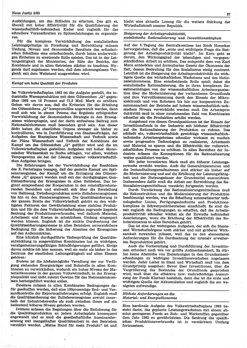 Neue Justiz (NJ), Zeitschrift für sozialistisches Recht und Gesetzlichkeit [Deutsche Demokratische Republik (DDR)], 37. Jahrgang 1983, Seite 87 (NJ DDR 1983, S. 87)