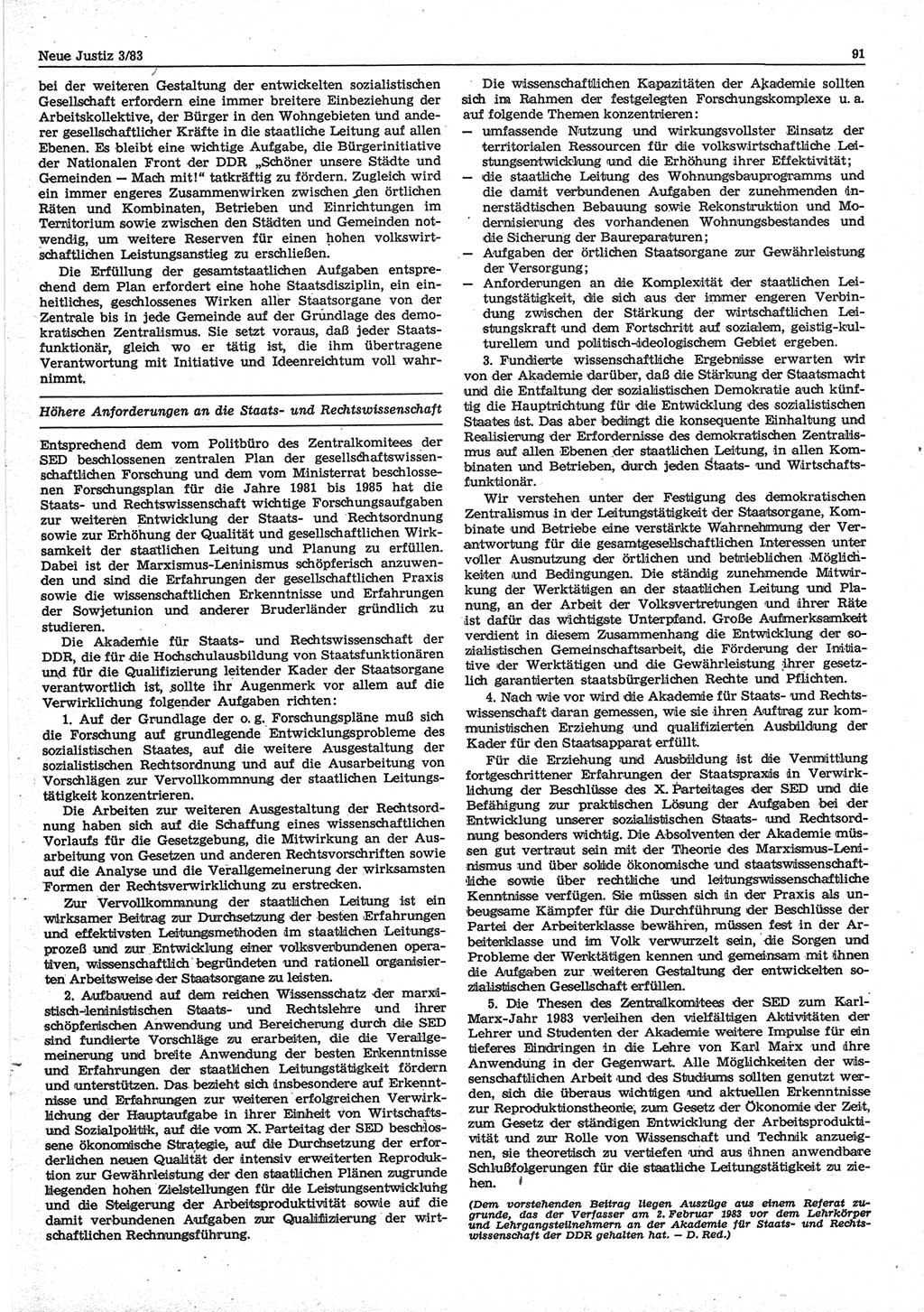 Neue Justiz (NJ), Zeitschrift für sozialistisches Recht und Gesetzlichkeit [Deutsche Demokratische Republik (DDR)], 37. Jahrgang 1983, Seite 91 (NJ DDR 1983, S. 91)