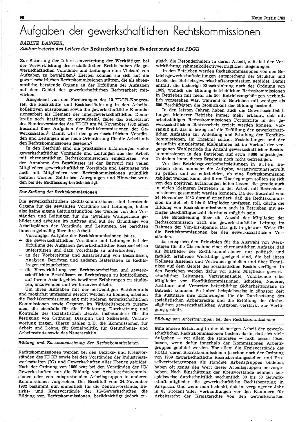 Neue Justiz (NJ), Zeitschrift für sozialistisches Recht und Gesetzlichkeit [Deutsche Demokratische Republik (DDR)], 37. Jahrgang 1983, Seite 98 (NJ DDR 1983, S. 98)