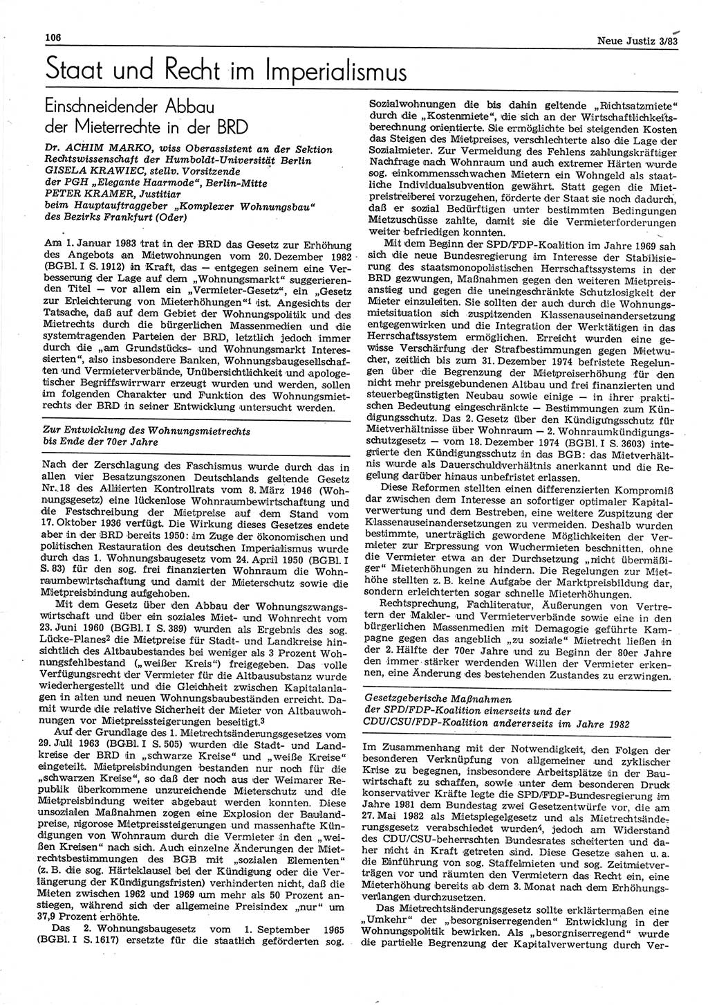 Neue Justiz (NJ), Zeitschrift für sozialistisches Recht und Gesetzlichkeit [Deutsche Demokratische Republik (DDR)], 37. Jahrgang 1983, Seite 106 (NJ DDR 1983, S. 106)