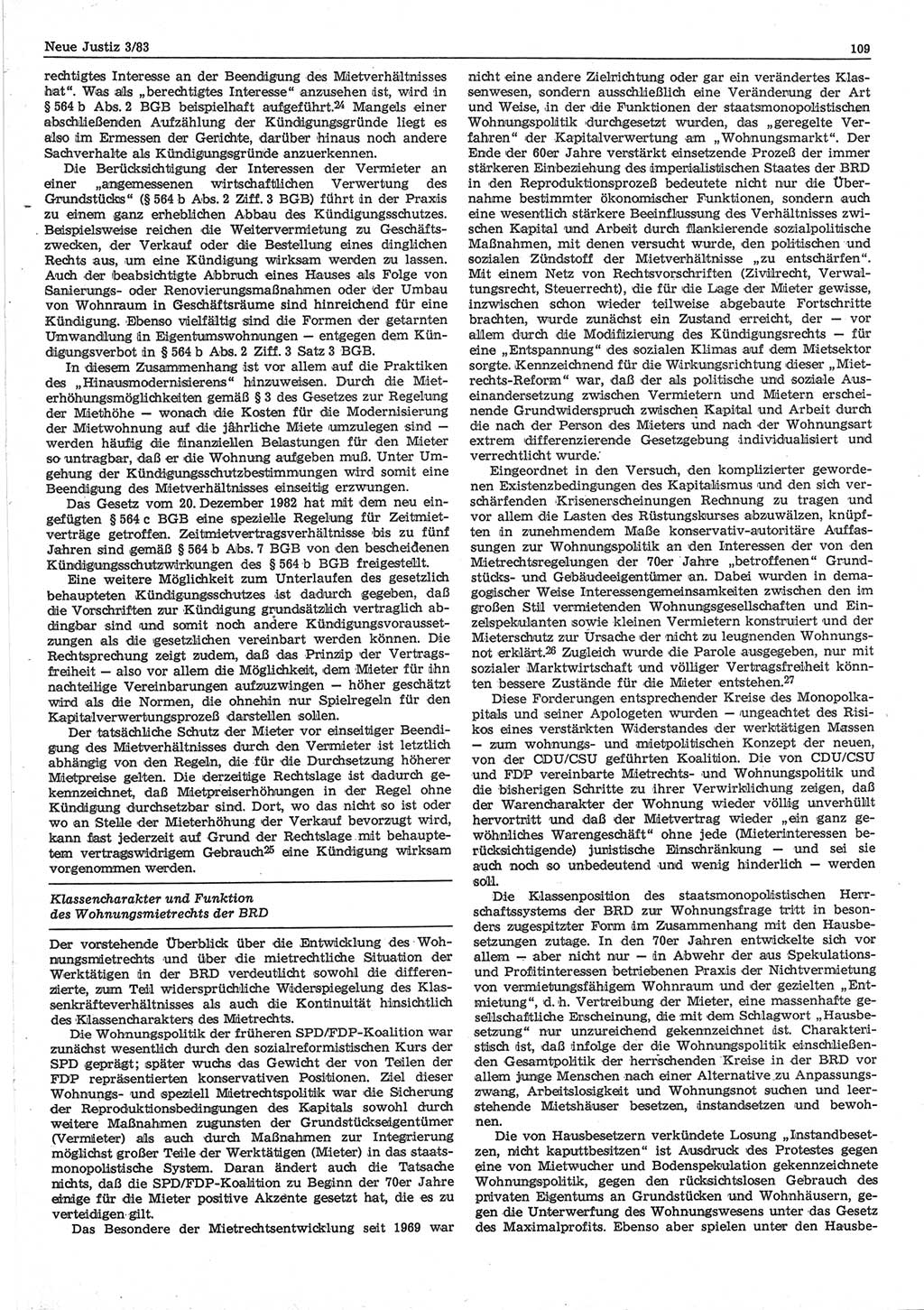 Neue Justiz (NJ), Zeitschrift für sozialistisches Recht und Gesetzlichkeit [Deutsche Demokratische Republik (DDR)], 37. Jahrgang 1983, Seite 109 (NJ DDR 1983, S. 109)