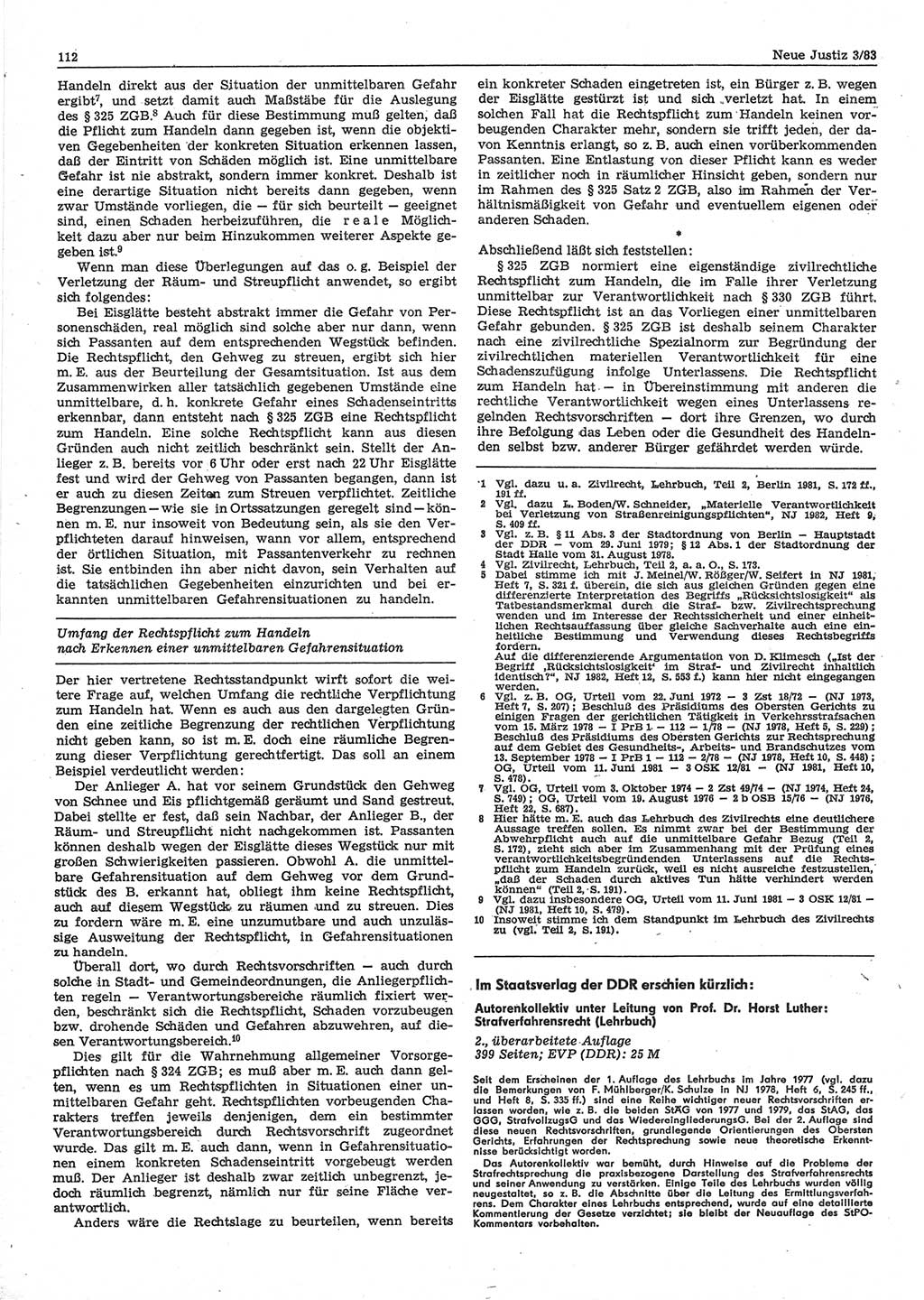 Neue Justiz (NJ), Zeitschrift für sozialistisches Recht und Gesetzlichkeit [Deutsche Demokratische Republik (DDR)], 37. Jahrgang 1983, Seite 112 (NJ DDR 1983, S. 112)