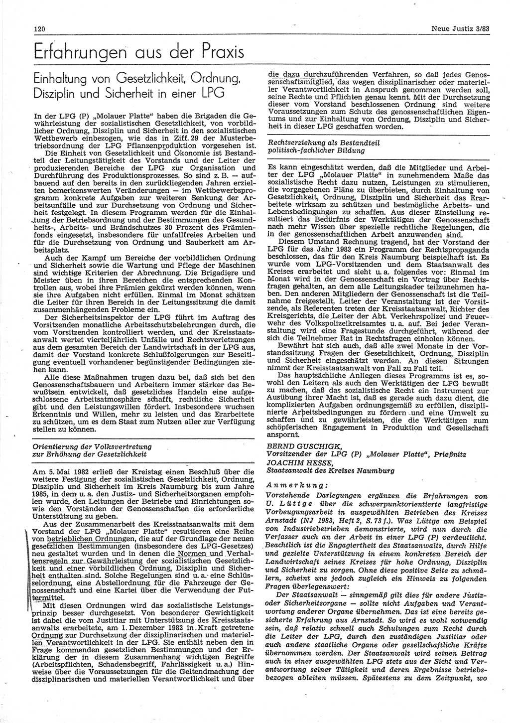 Neue Justiz (NJ), Zeitschrift für sozialistisches Recht und Gesetzlichkeit [Deutsche Demokratische Republik (DDR)], 37. Jahrgang 1983, Seite 120 (NJ DDR 1983, S. 120)