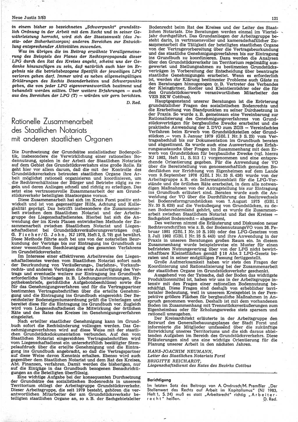 Neue Justiz (NJ), Zeitschrift für sozialistisches Recht und Gesetzlichkeit [Deutsche Demokratische Republik (DDR)], 37. Jahrgang 1983, Seite 121 (NJ DDR 1983, S. 121)