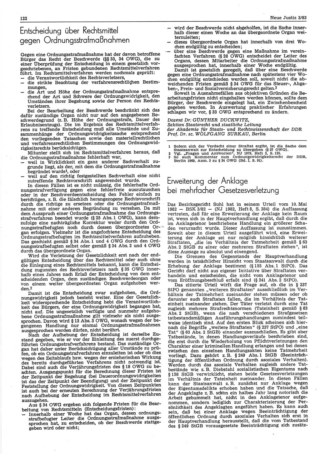 Neue Justiz (NJ), Zeitschrift für sozialistisches Recht und Gesetzlichkeit [Deutsche Demokratische Republik (DDR)], 37. Jahrgang 1983, Seite 122 (NJ DDR 1983, S. 122)