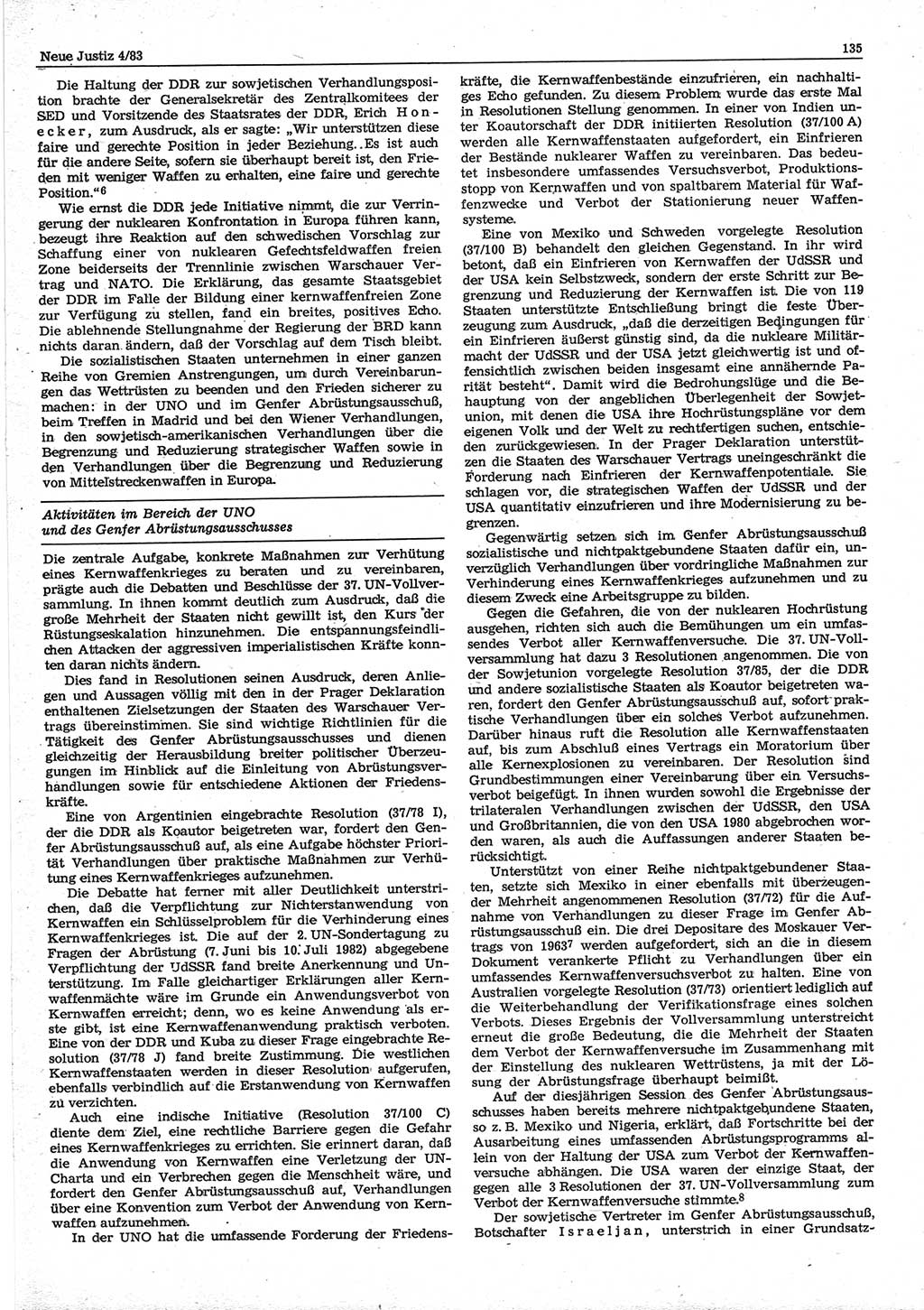 Neue Justiz (NJ), Zeitschrift für sozialistisches Recht und Gesetzlichkeit [Deutsche Demokratische Republik (DDR)], 37. Jahrgang 1983, Seite 135 (NJ DDR 1983, S. 135)