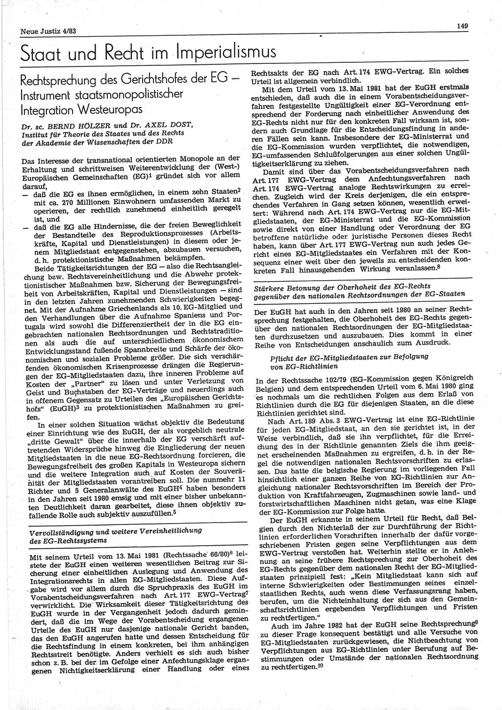 Neue Justiz (NJ), Zeitschrift für sozialistisches Recht und Gesetzlichkeit [Deutsche Demokratische Republik (DDR)], 37. Jahrgang 1983, Seite 149 (NJ DDR 1983, S. 149)