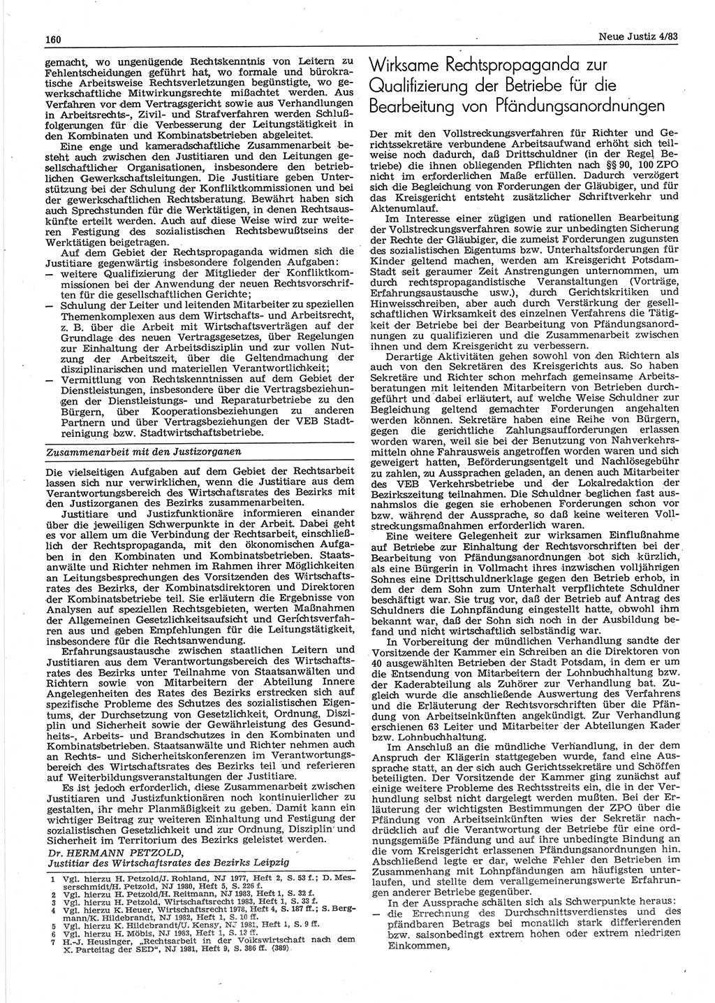 Neue Justiz (NJ), Zeitschrift für sozialistisches Recht und Gesetzlichkeit [Deutsche Demokratische Republik (DDR)], 37. Jahrgang 1983, Seite 160 (NJ DDR 1983, S. 160)