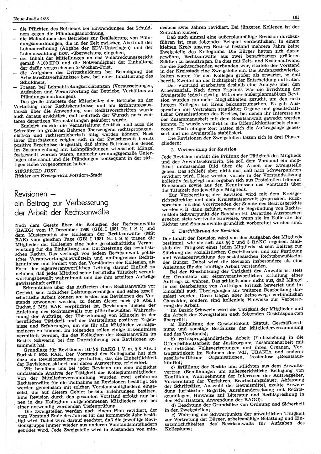 Neue Justiz (NJ), Zeitschrift für sozialistisches Recht und Gesetzlichkeit [Deutsche Demokratische Republik (DDR)], 37. Jahrgang 1983, Seite 161 (NJ DDR 1983, S. 161)