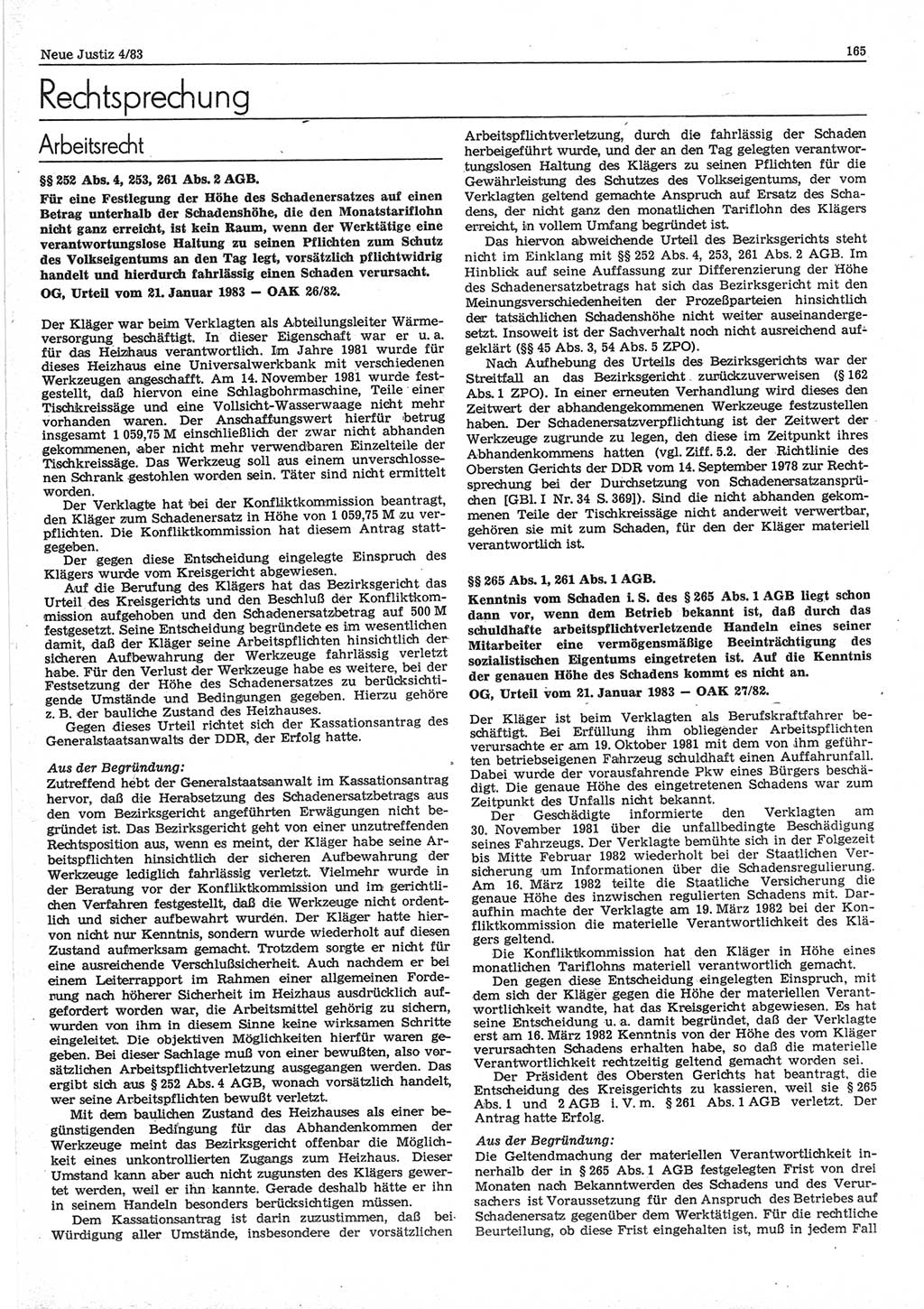 Neue Justiz (NJ), Zeitschrift für sozialistisches Recht und Gesetzlichkeit [Deutsche Demokratische Republik (DDR)], 37. Jahrgang 1983, Seite 165 (NJ DDR 1983, S. 165)