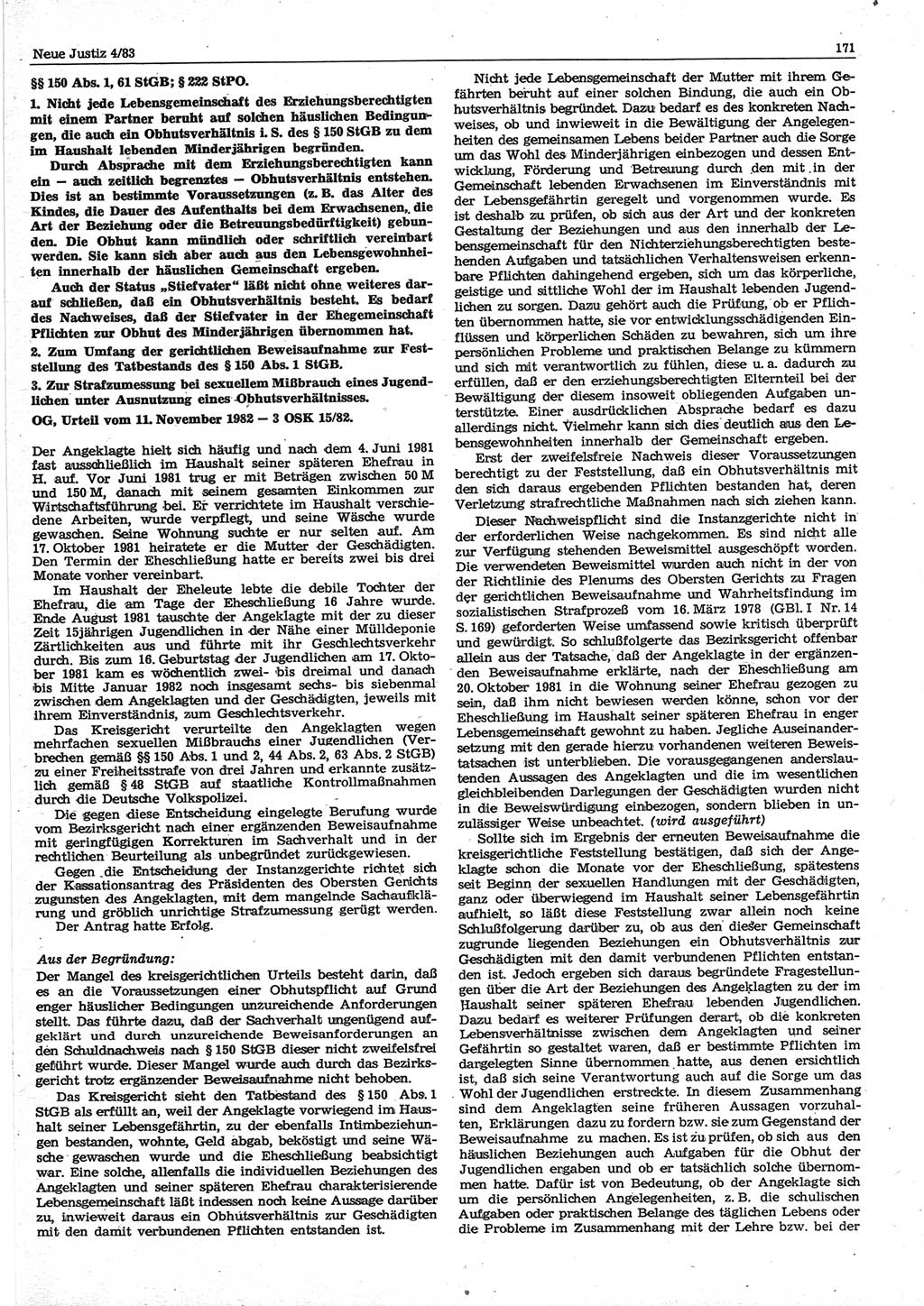 Neue Justiz (NJ), Zeitschrift für sozialistisches Recht und Gesetzlichkeit [Deutsche Demokratische Republik (DDR)], 37. Jahrgang 1983, Seite 171 (NJ DDR 1983, S. 171)