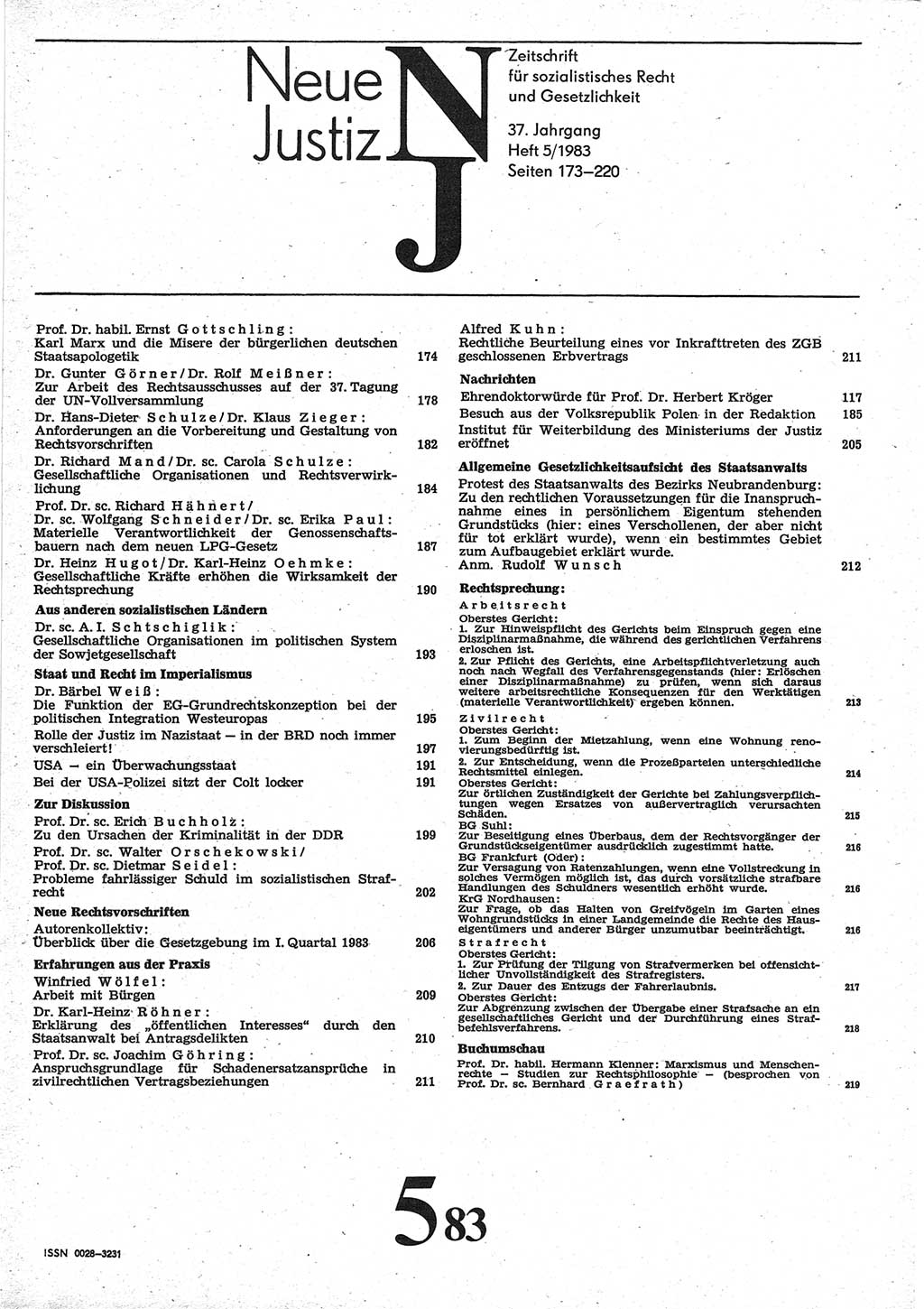 Neue Justiz (NJ), Zeitschrift für sozialistisches Recht und Gesetzlichkeit [Deutsche Demokratische Republik (DDR)], 37. Jahrgang 1983, Seite 173 (NJ DDR 1983, S. 173)