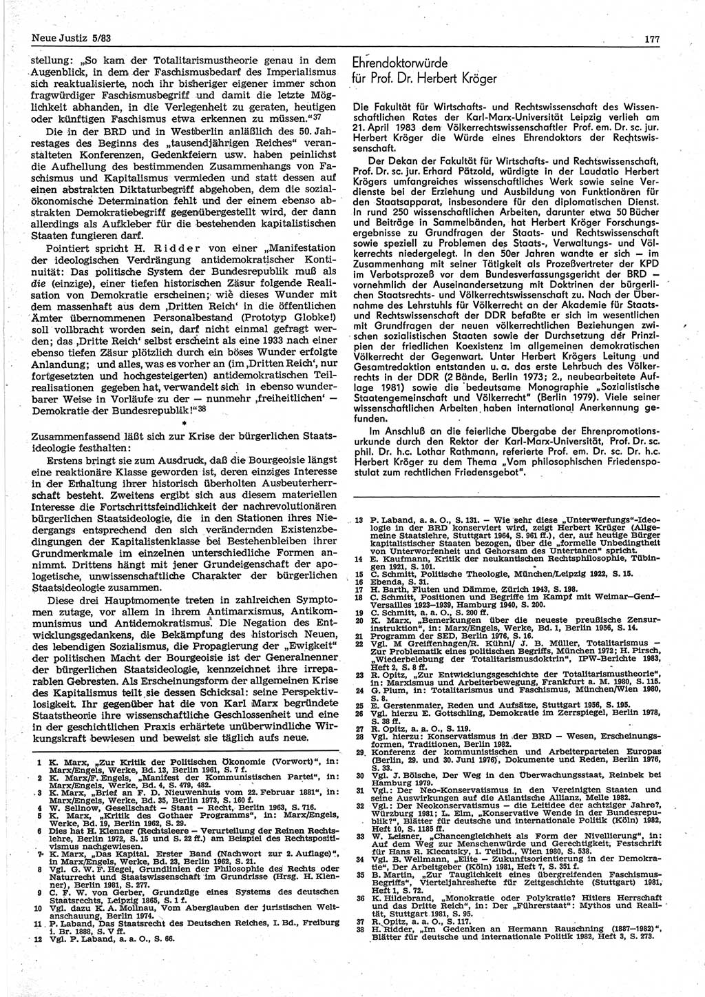 Neue Justiz (NJ), Zeitschrift für sozialistisches Recht und Gesetzlichkeit [Deutsche Demokratische Republik (DDR)], 37. Jahrgang 1983, Seite 177 (NJ DDR 1983, S. 177)