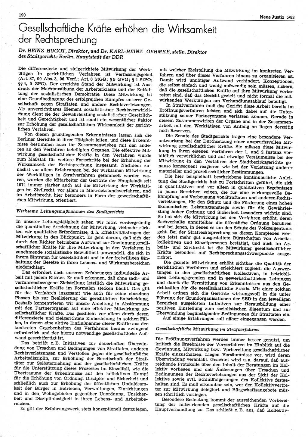 Neue Justiz (NJ), Zeitschrift für sozialistisches Recht und Gesetzlichkeit [Deutsche Demokratische Republik (DDR)], 37. Jahrgang 1983, Seite 190 (NJ DDR 1983, S. 190)