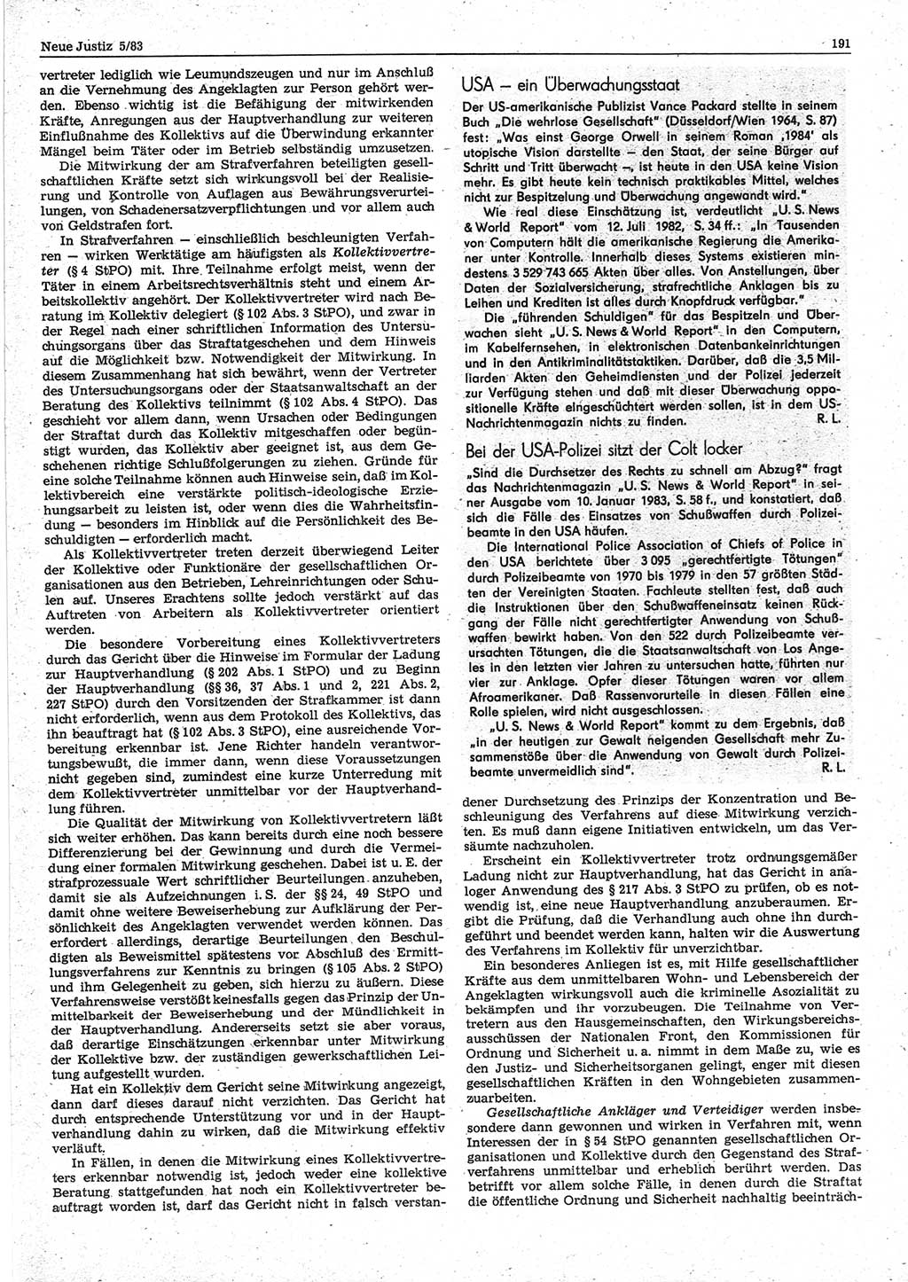 Neue Justiz (NJ), Zeitschrift für sozialistisches Recht und Gesetzlichkeit [Deutsche Demokratische Republik (DDR)], 37. Jahrgang 1983, Seite 191 (NJ DDR 1983, S. 191)