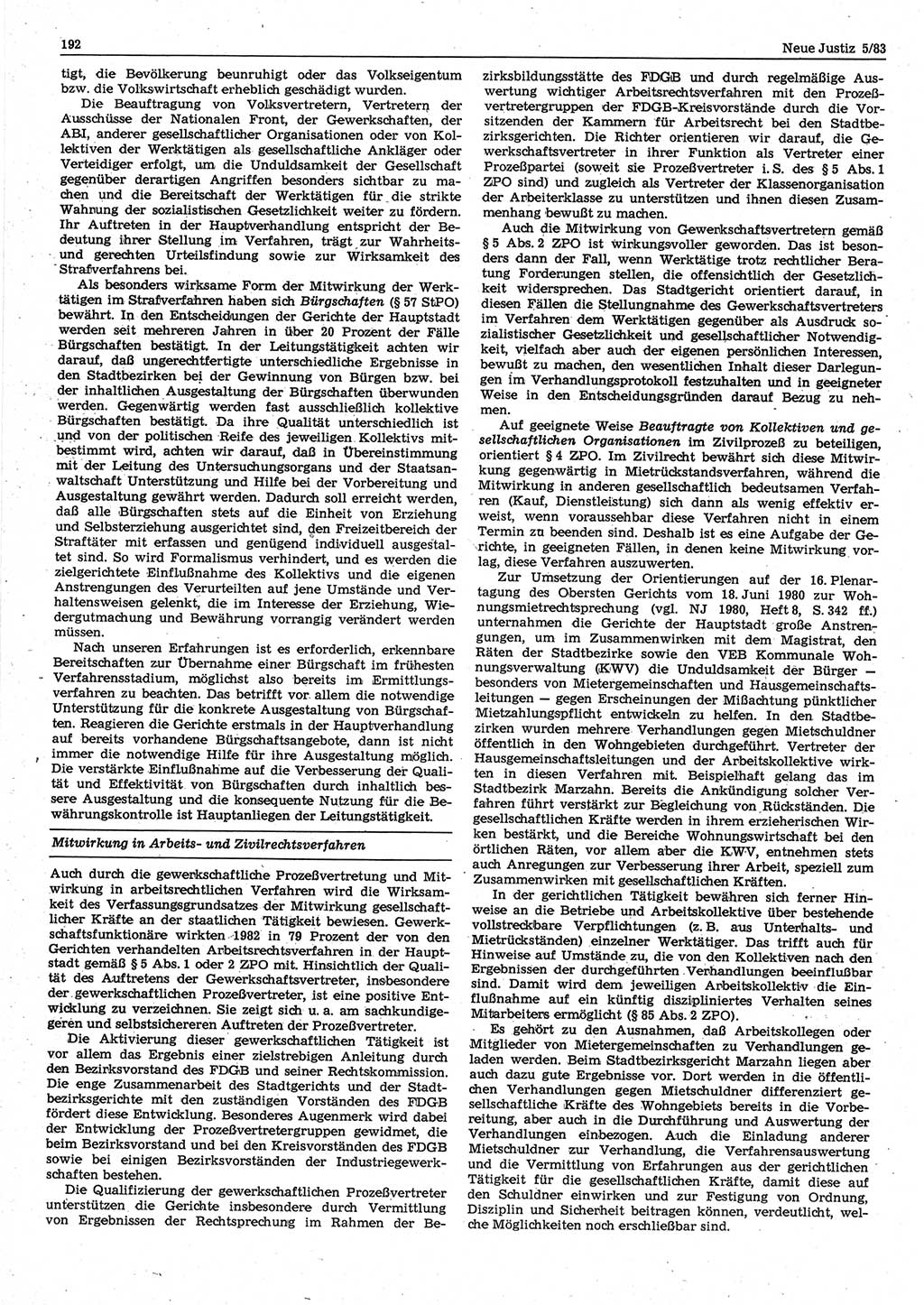 Neue Justiz (NJ), Zeitschrift für sozialistisches Recht und Gesetzlichkeit [Deutsche Demokratische Republik (DDR)], 37. Jahrgang 1983, Seite 192 (NJ DDR 1983, S. 192)