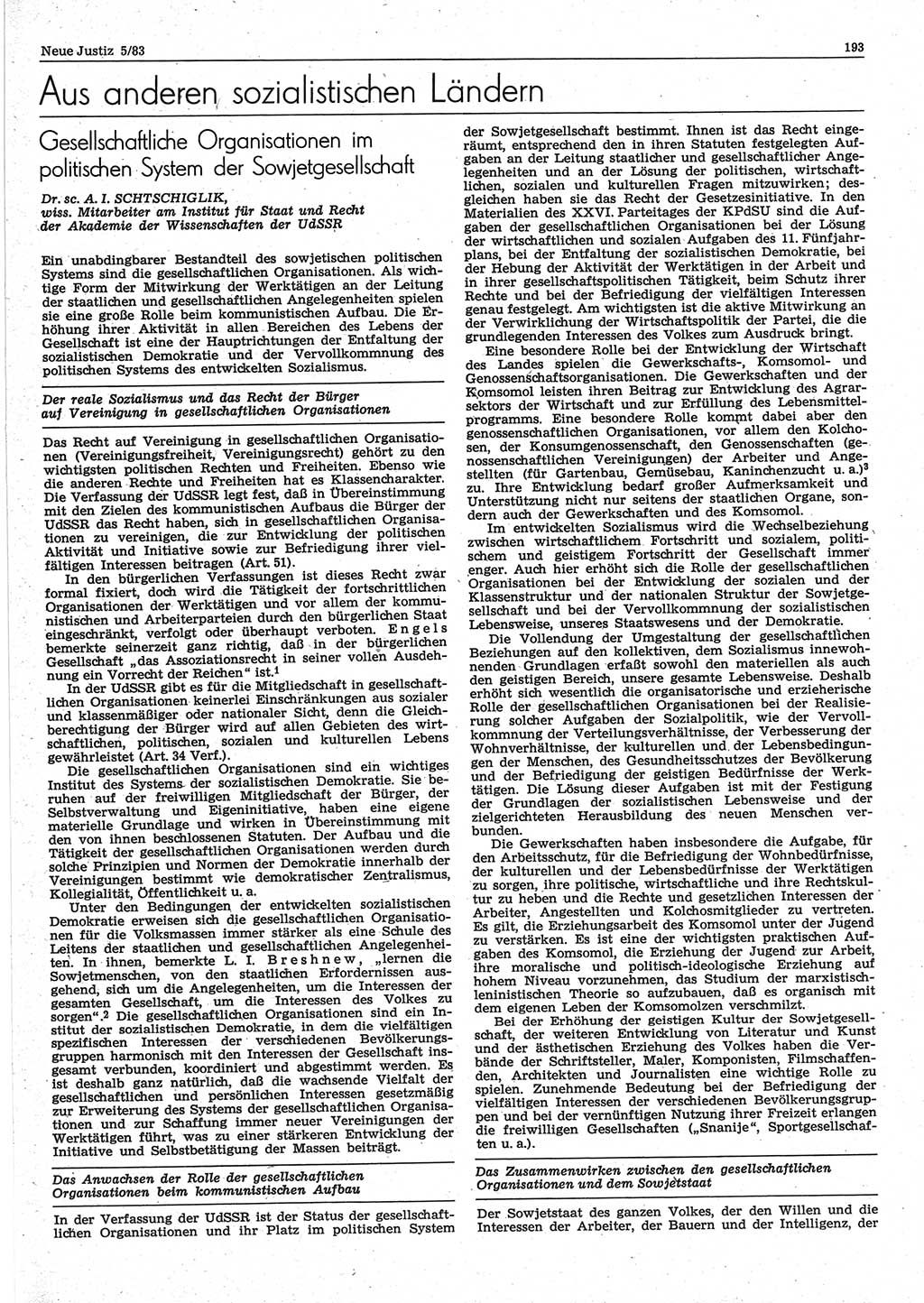 Neue Justiz (NJ), Zeitschrift für sozialistisches Recht und Gesetzlichkeit [Deutsche Demokratische Republik (DDR)], 37. Jahrgang 1983, Seite 193 (NJ DDR 1983, S. 193)