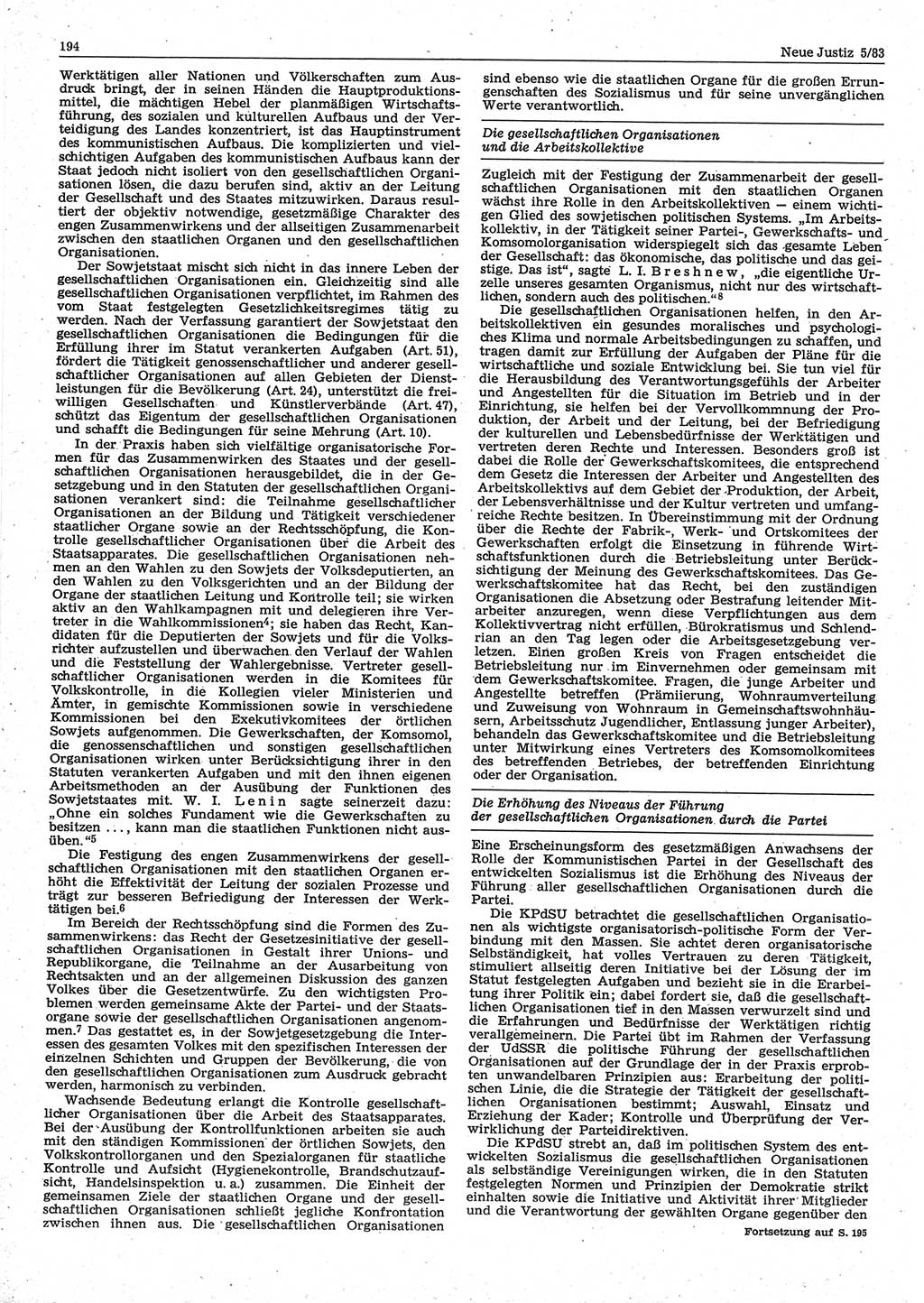 Neue Justiz (NJ), Zeitschrift für sozialistisches Recht und Gesetzlichkeit [Deutsche Demokratische Republik (DDR)], 37. Jahrgang 1983, Seite 194 (NJ DDR 1983, S. 194)