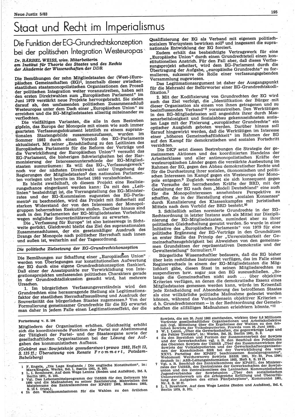 Neue Justiz (NJ), Zeitschrift für sozialistisches Recht und Gesetzlichkeit [Deutsche Demokratische Republik (DDR)], 37. Jahrgang 1983, Seite 195 (NJ DDR 1983, S. 195)