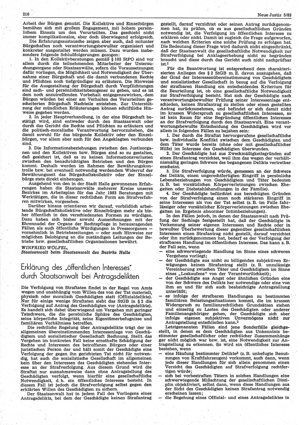 Neue Justiz (NJ), Zeitschrift für sozialistisches Recht und Gesetzlichkeit [Deutsche Demokratische Republik (DDR)], 37. Jahrgang 1983, Seite 210 (NJ DDR 1983, S. 210)