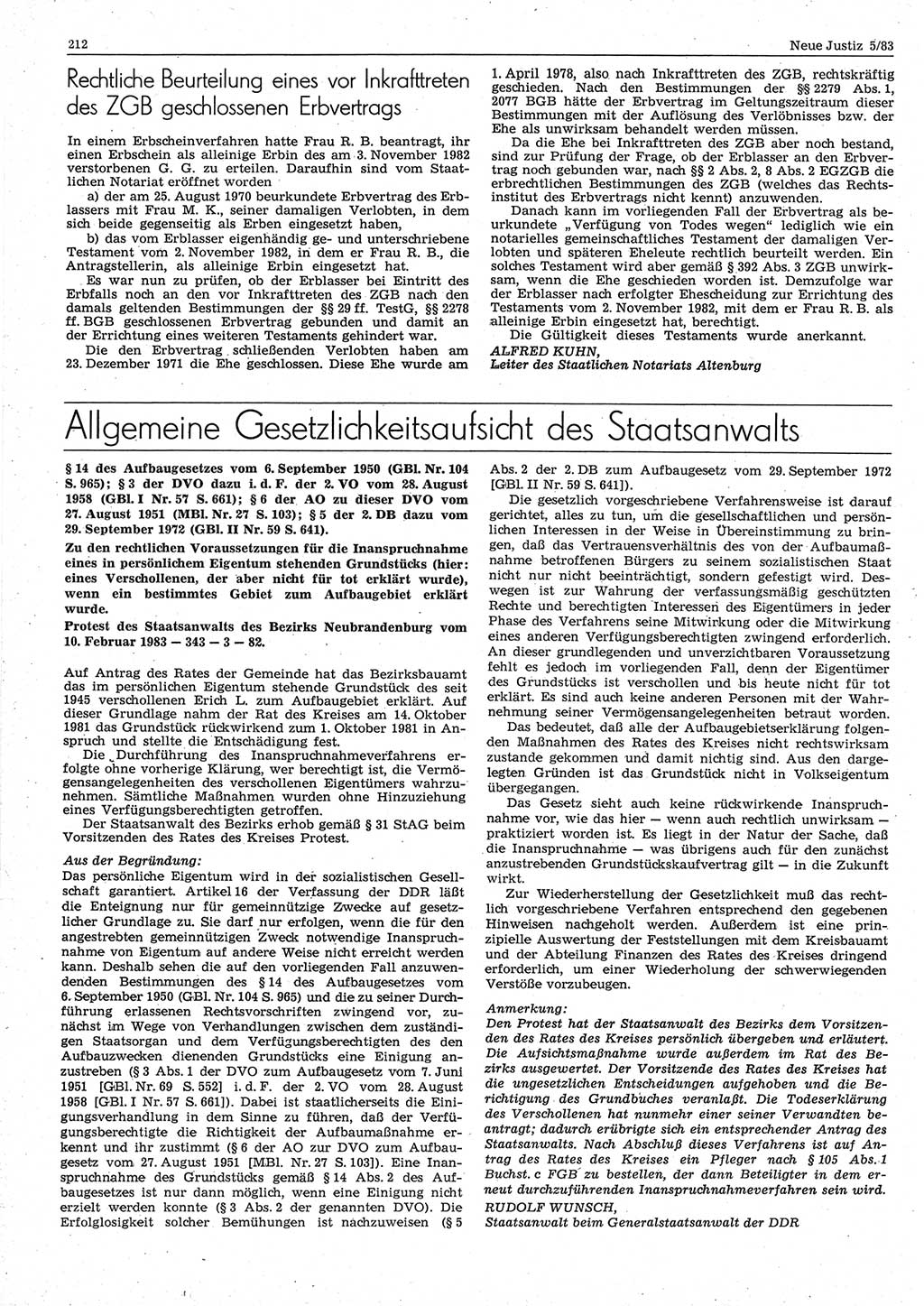 Neue Justiz (NJ), Zeitschrift für sozialistisches Recht und Gesetzlichkeit [Deutsche Demokratische Republik (DDR)], 37. Jahrgang 1983, Seite 212 (NJ DDR 1983, S. 212)
