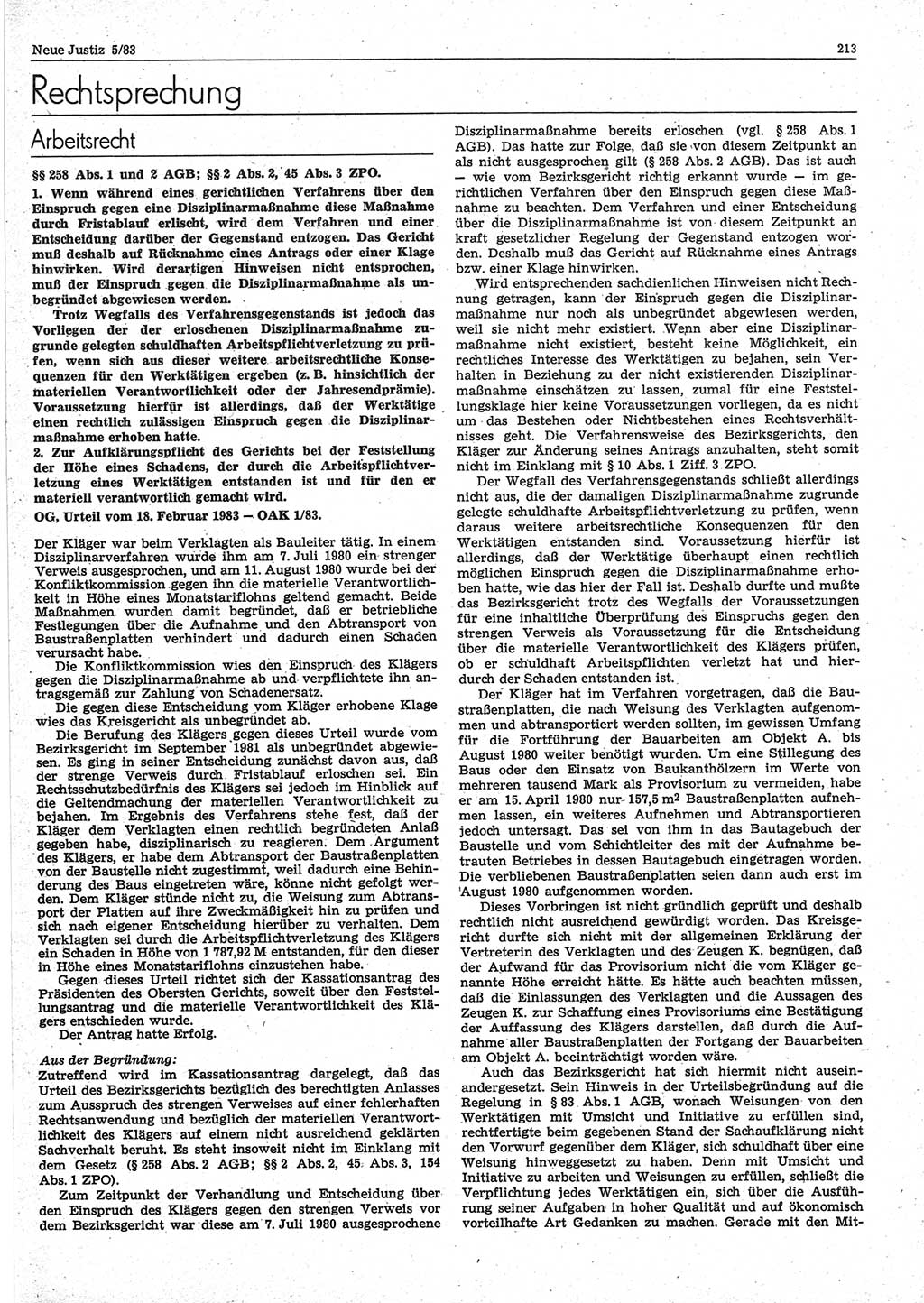 Neue Justiz (NJ), Zeitschrift für sozialistisches Recht und Gesetzlichkeit [Deutsche Demokratische Republik (DDR)], 37. Jahrgang 1983, Seite 213 (NJ DDR 1983, S. 213)