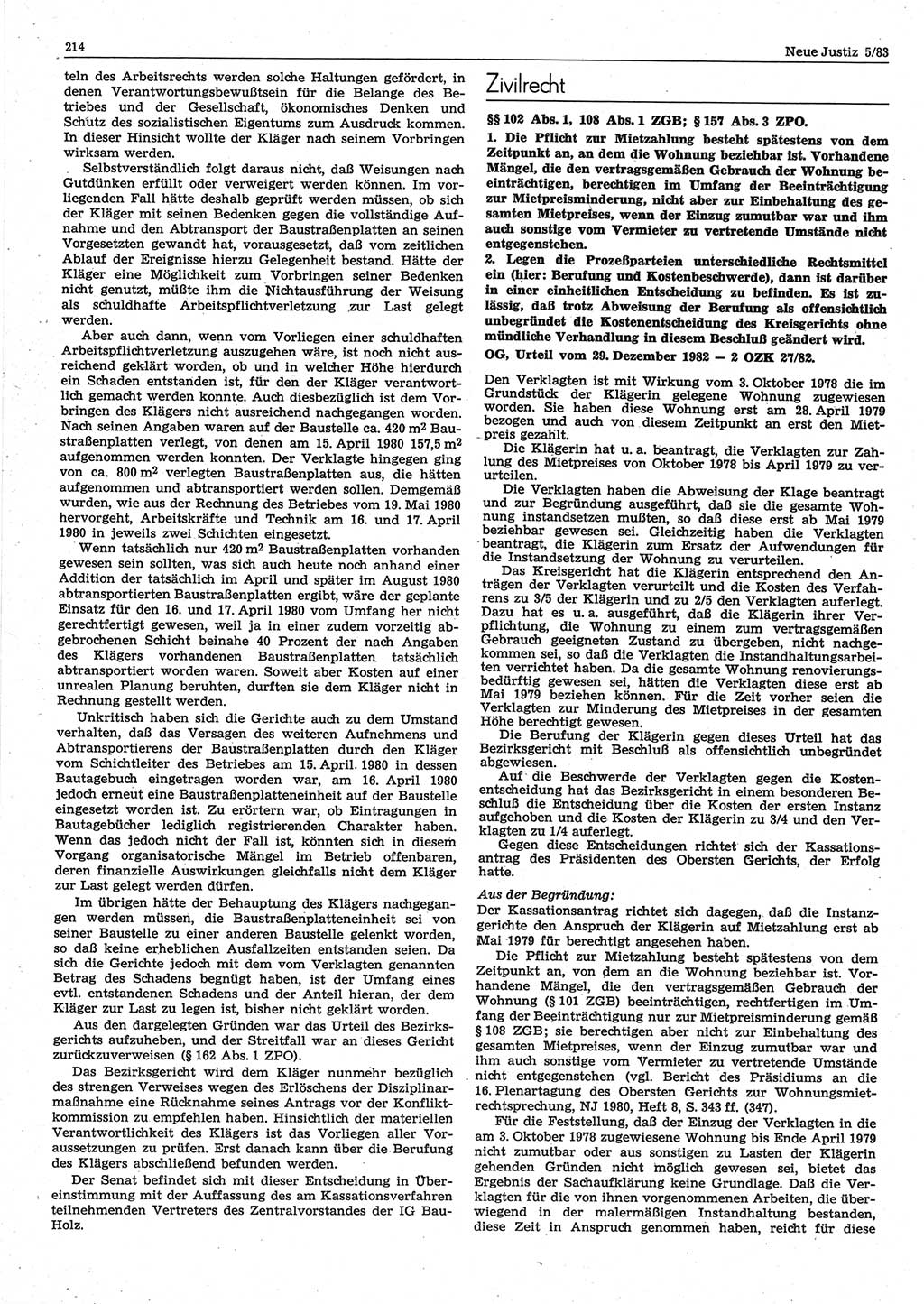 Neue Justiz (NJ), Zeitschrift für sozialistisches Recht und Gesetzlichkeit [Deutsche Demokratische Republik (DDR)], 37. Jahrgang 1983, Seite 214 (NJ DDR 1983, S. 214)