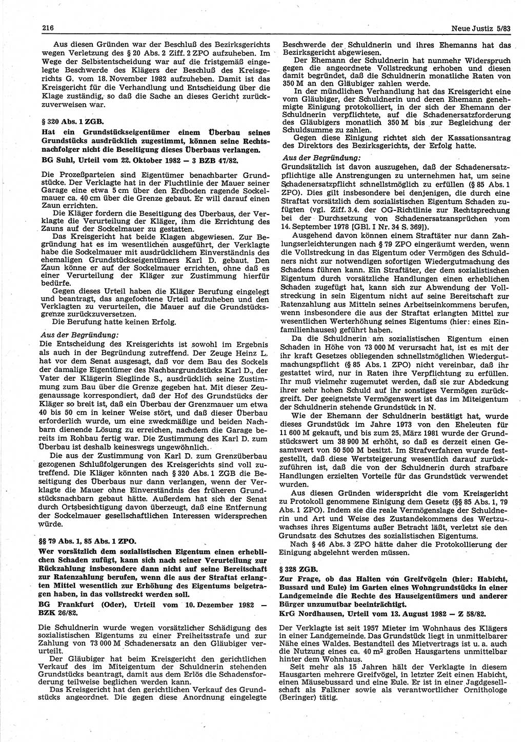 Neue Justiz (NJ), Zeitschrift für sozialistisches Recht und Gesetzlichkeit [Deutsche Demokratische Republik (DDR)], 37. Jahrgang 1983, Seite 216 (NJ DDR 1983, S. 216)