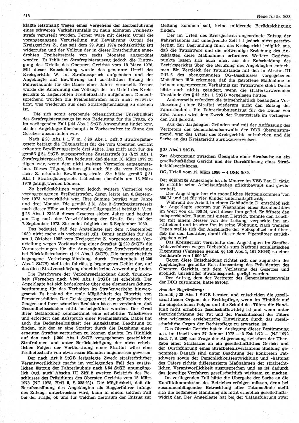 Neue Justiz (NJ), Zeitschrift für sozialistisches Recht und Gesetzlichkeit [Deutsche Demokratische Republik (DDR)], 37. Jahrgang 1983, Seite 218 (NJ DDR 1983, S. 218)