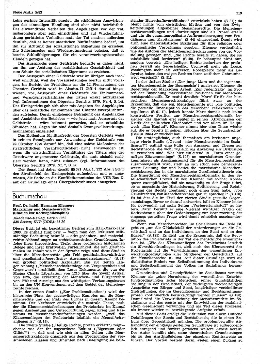 Neue Justiz (NJ), Zeitschrift für sozialistisches Recht und Gesetzlichkeit [Deutsche Demokratische Republik (DDR)], 37. Jahrgang 1983, Seite 219 (NJ DDR 1983, S. 219)