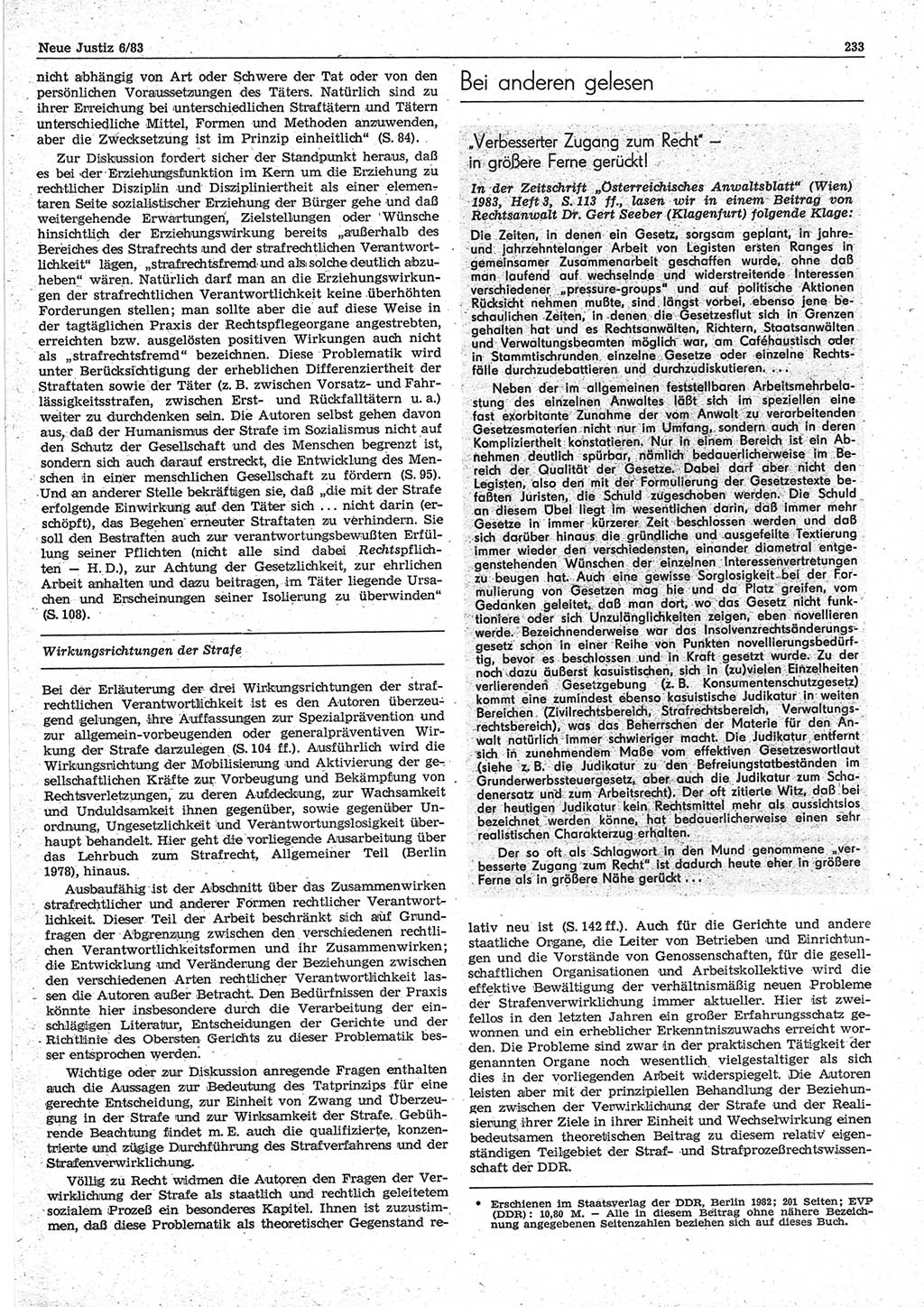 Neue Justiz (NJ), Zeitschrift für sozialistisches Recht und Gesetzlichkeit [Deutsche Demokratische Republik (DDR)], 37. Jahrgang 1983, Seite 233 (NJ DDR 1983, S. 233)