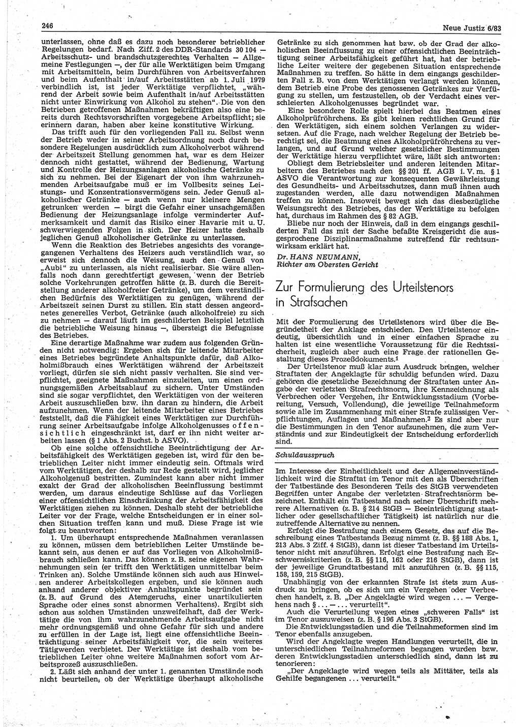 Neue Justiz (NJ), Zeitschrift für sozialistisches Recht und Gesetzlichkeit [Deutsche Demokratische Republik (DDR)], 37. Jahrgang 1983, Seite 246 (NJ DDR 1983, S. 246)