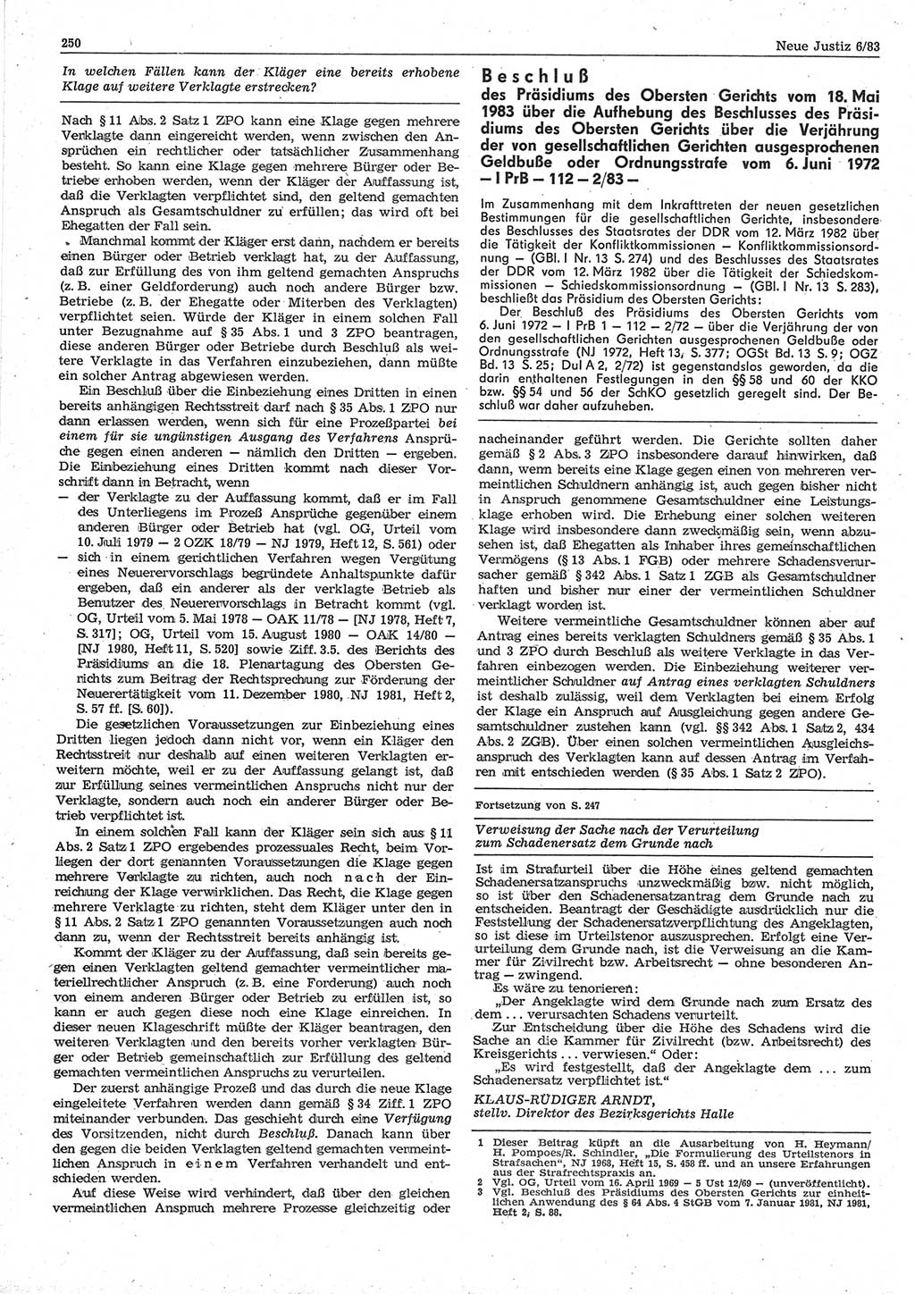 Neue Justiz (NJ), Zeitschrift für sozialistisches Recht und Gesetzlichkeit [Deutsche Demokratische Republik (DDR)], 37. Jahrgang 1983, Seite 250 (NJ DDR 1983, S. 250)