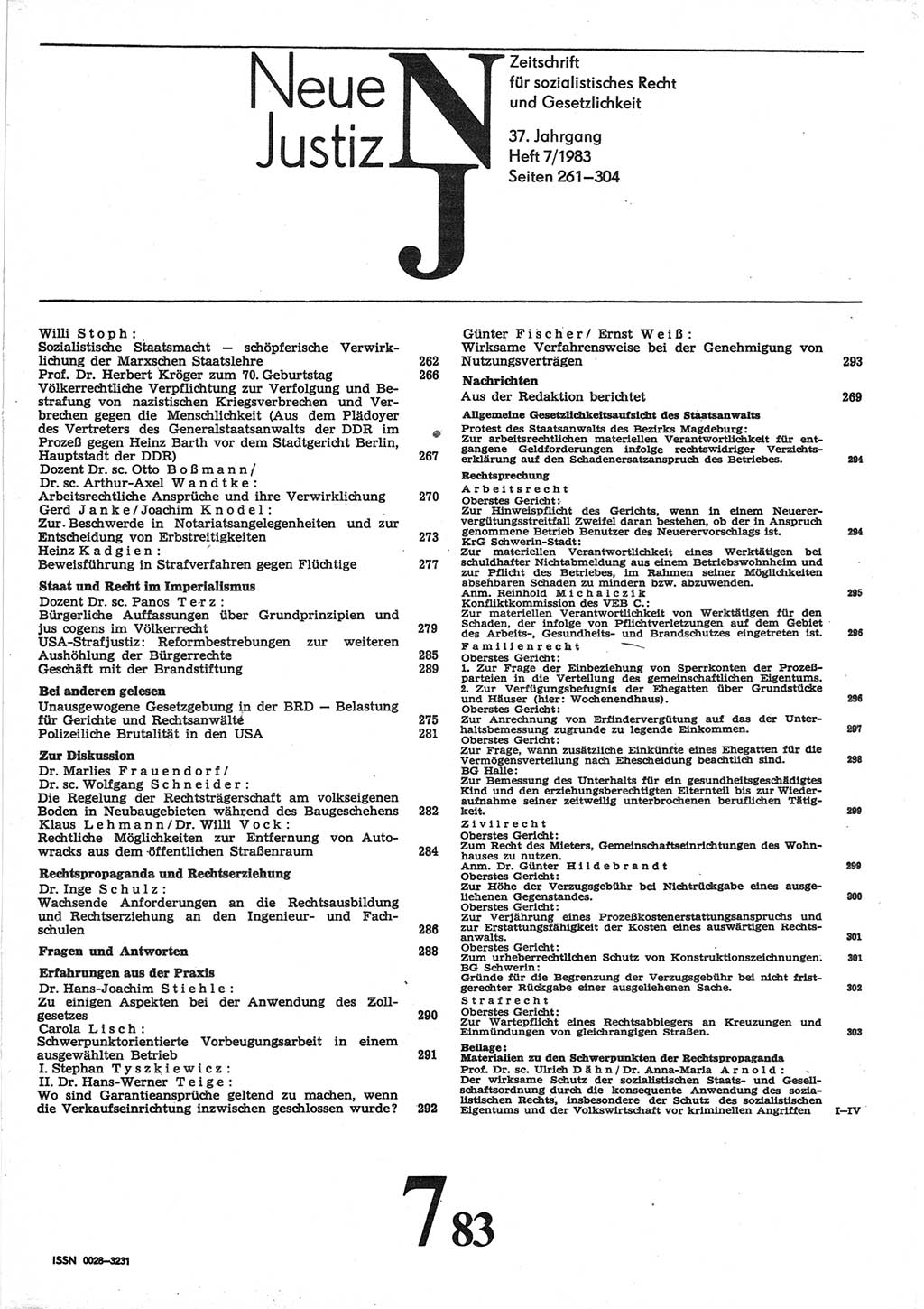 Neue Justiz (NJ), Zeitschrift für sozialistisches Recht und Gesetzlichkeit [Deutsche Demokratische Republik (DDR)], 37. Jahrgang 1983, Seite 261 (NJ DDR 1983, S. 261)