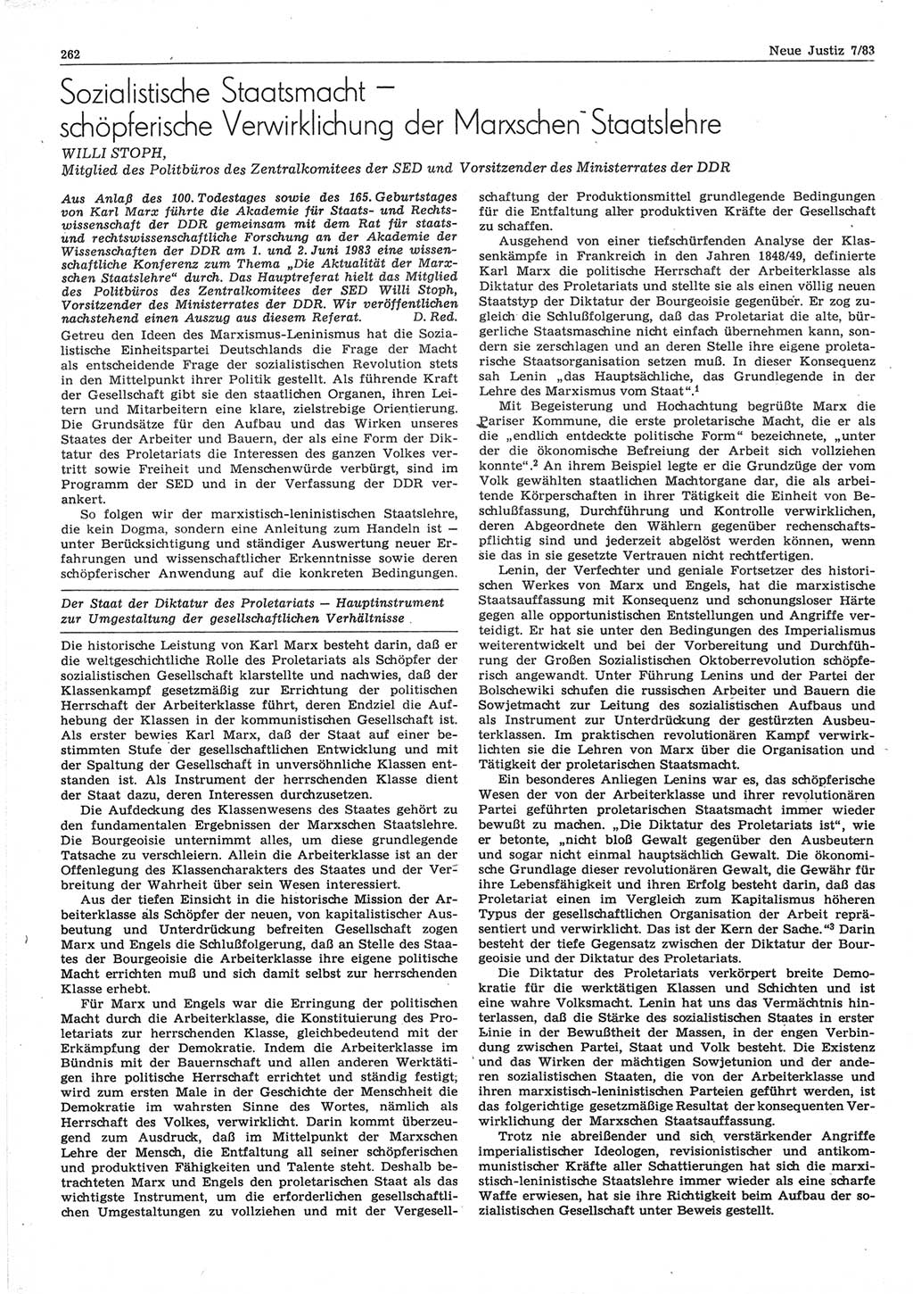 Neue Justiz (NJ), Zeitschrift für sozialistisches Recht und Gesetzlichkeit [Deutsche Demokratische Republik (DDR)], 37. Jahrgang 1983, Seite 262 (NJ DDR 1983, S. 262)