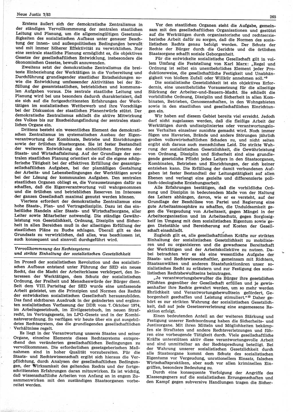 Neue Justiz (NJ), Zeitschrift für sozialistisches Recht und Gesetzlichkeit [Deutsche Demokratische Republik (DDR)], 37. Jahrgang 1983, Seite 265 (NJ DDR 1983, S. 265)