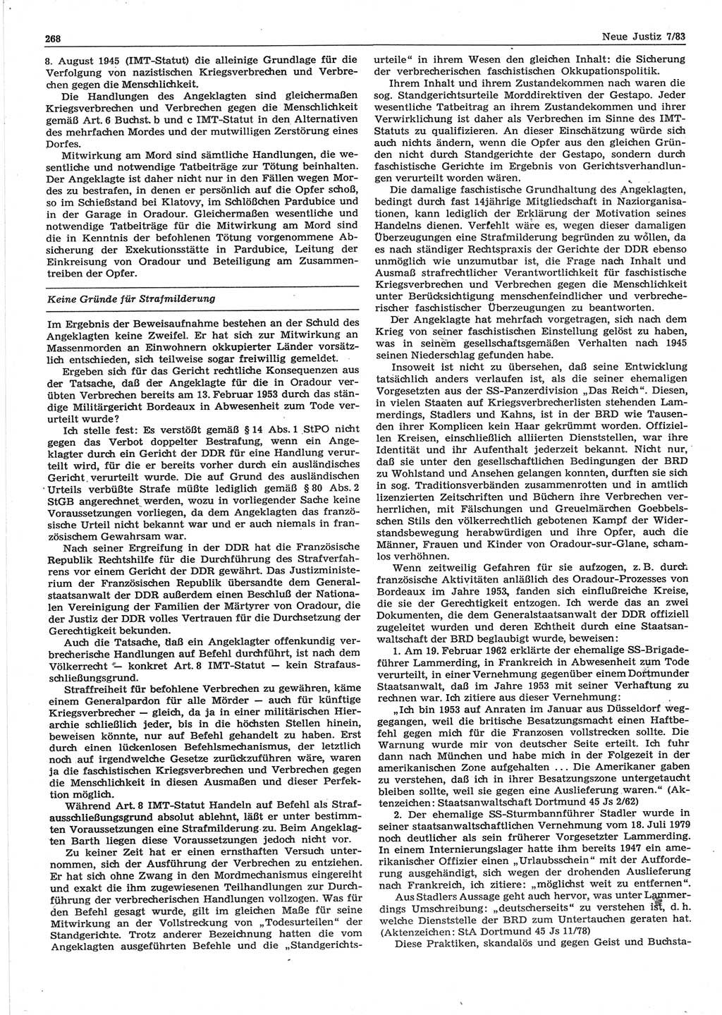 Neue Justiz (NJ), Zeitschrift für sozialistisches Recht und Gesetzlichkeit [Deutsche Demokratische Republik (DDR)], 37. Jahrgang 1983, Seite 268 (NJ DDR 1983, S. 268)