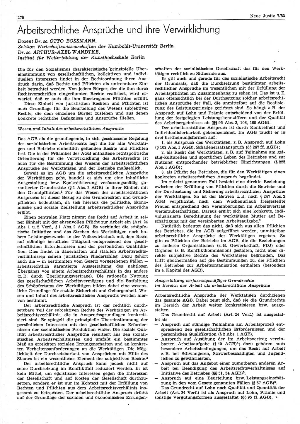 Neue Justiz (NJ), Zeitschrift für sozialistisches Recht und Gesetzlichkeit [Deutsche Demokratische Republik (DDR)], 37. Jahrgang 1983, Seite 270 (NJ DDR 1983, S. 270)