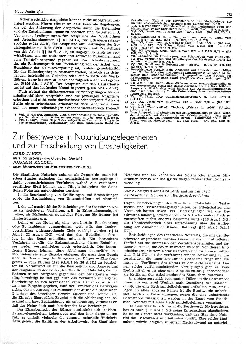 Neue Justiz (NJ), Zeitschrift für sozialistisches Recht und Gesetzlichkeit [Deutsche Demokratische Republik (DDR)], 37. Jahrgang 1983, Seite 273 (NJ DDR 1983, S. 273)
