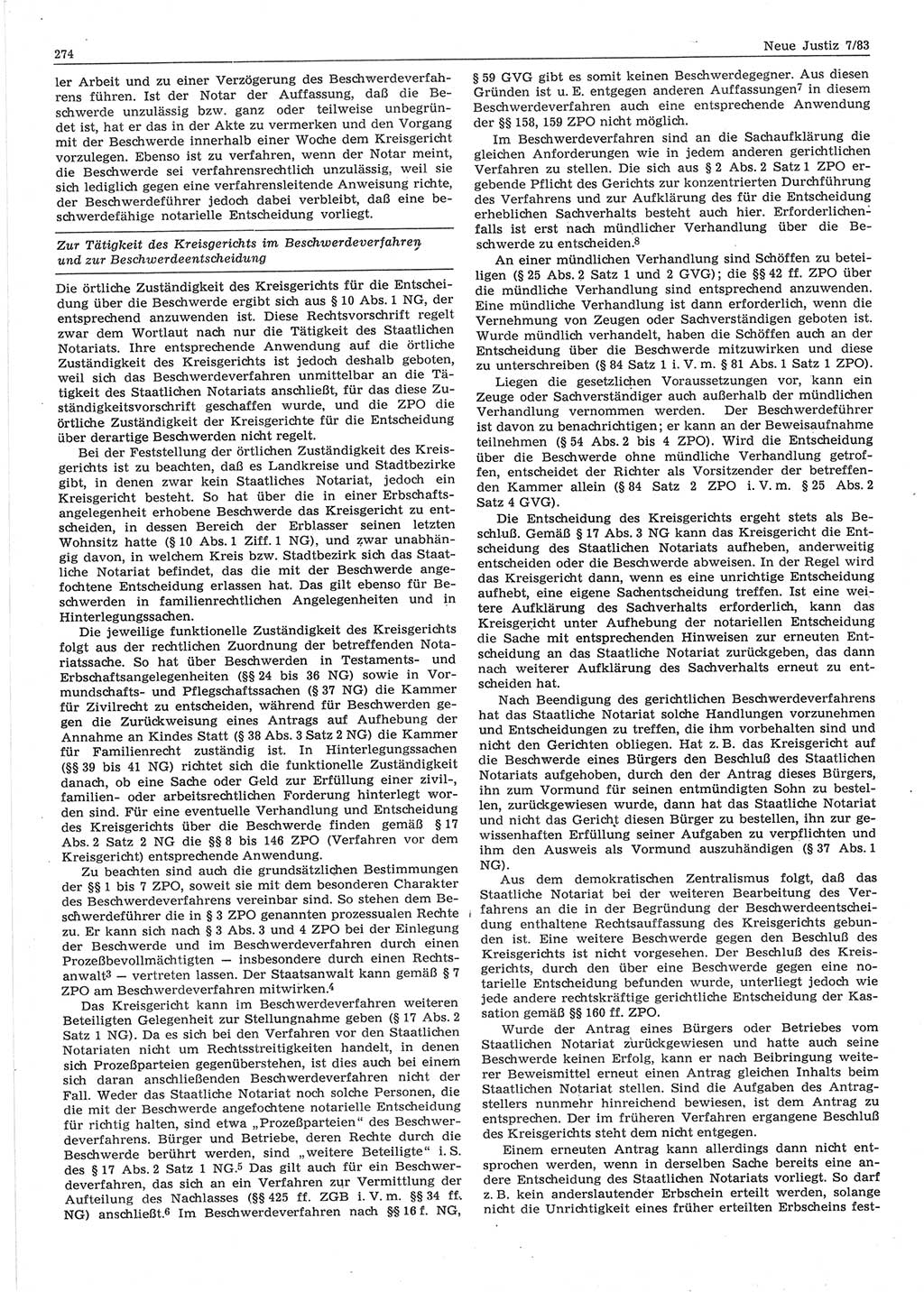Neue Justiz (NJ), Zeitschrift für sozialistisches Recht und Gesetzlichkeit [Deutsche Demokratische Republik (DDR)], 37. Jahrgang 1983, Seite 274 (NJ DDR 1983, S. 274)
