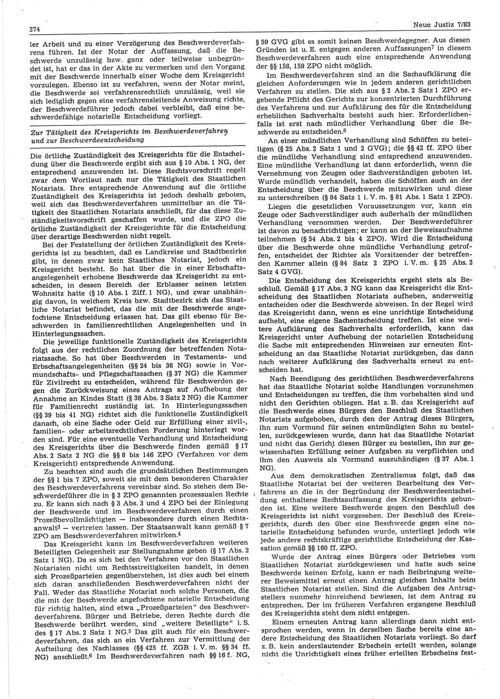 Neue Justiz (NJ), Zeitschrift für sozialistisches Recht und Gesetzlichkeit [Deutsche Demokratische Republik (DDR)], 37. Jahrgang 1983, Seite 274 (NJ DDR 1983, S. 274)