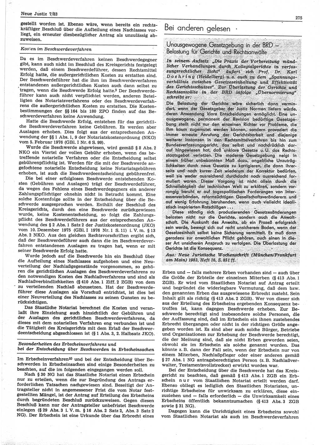 Neue Justiz (NJ), Zeitschrift für sozialistisches Recht und Gesetzlichkeit [Deutsche Demokratische Republik (DDR)], 37. Jahrgang 1983, Seite 275 (NJ DDR 1983, S. 275)