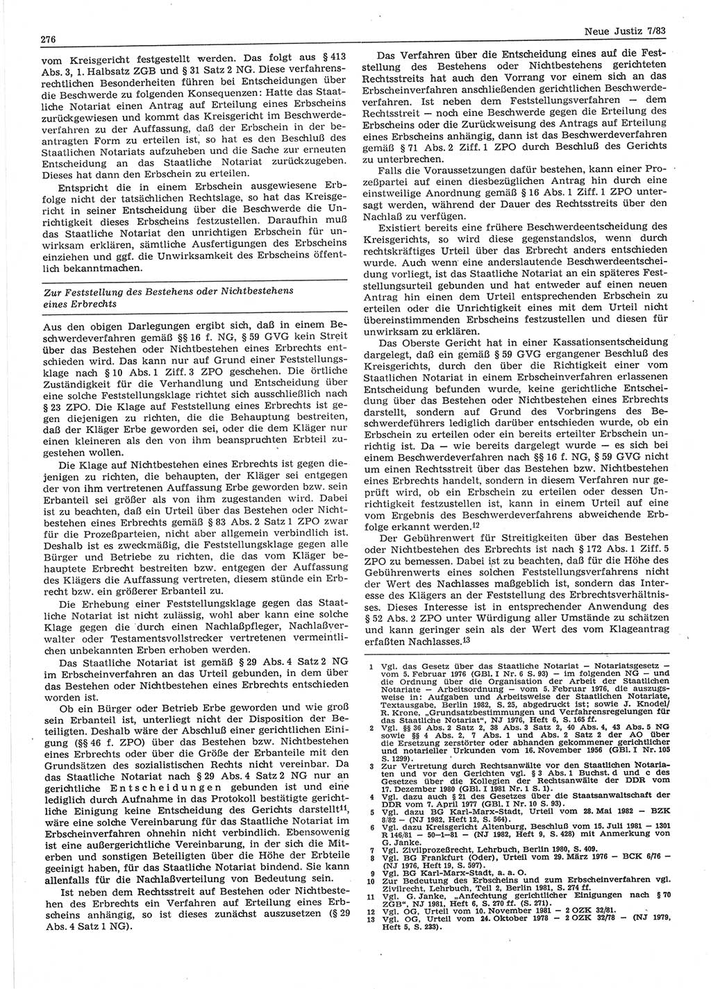 Neue Justiz (NJ), Zeitschrift für sozialistisches Recht und Gesetzlichkeit [Deutsche Demokratische Republik (DDR)], 37. Jahrgang 1983, Seite 276 (NJ DDR 1983, S. 276)